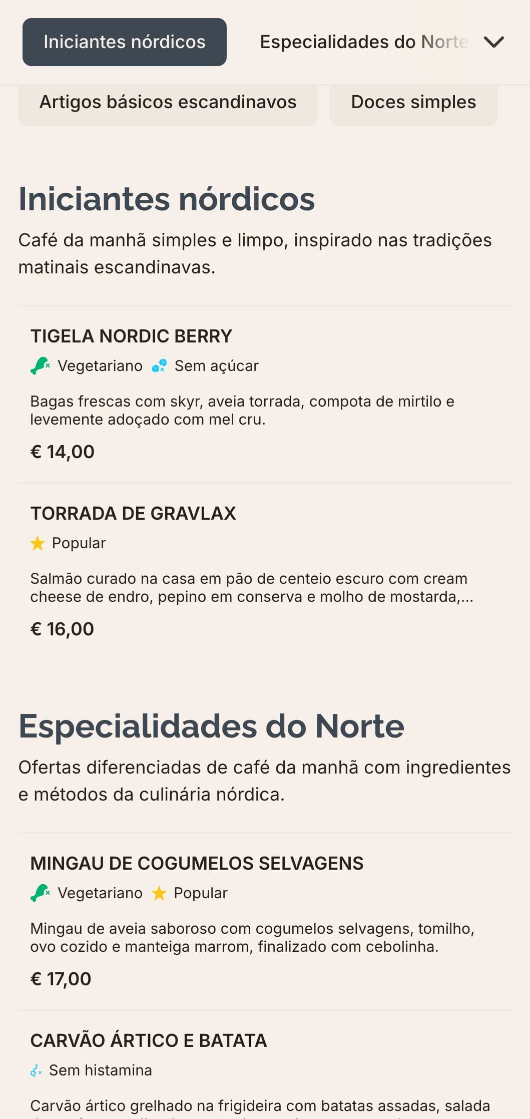 Café da manhã de inspiração escandinava com sabores limpos, ingredientes simples e apresentação discreta.