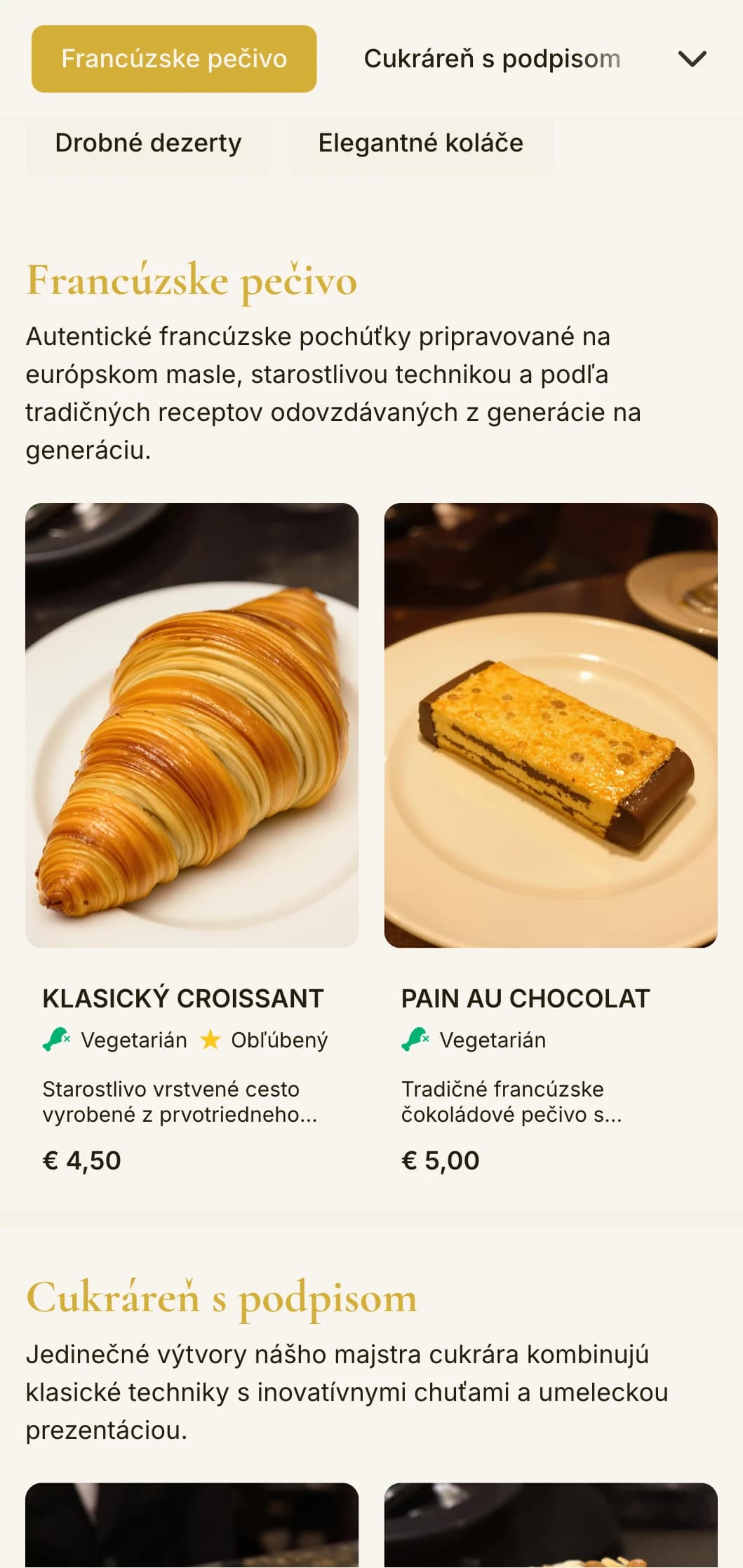 Elegantný, rafinovaný dizajn jedálneho lístka pre pekárne so zlatými akcentmi a sofistikovanou typografiou, ideálny pre luxusné cukrárne a predajne zákuskov.