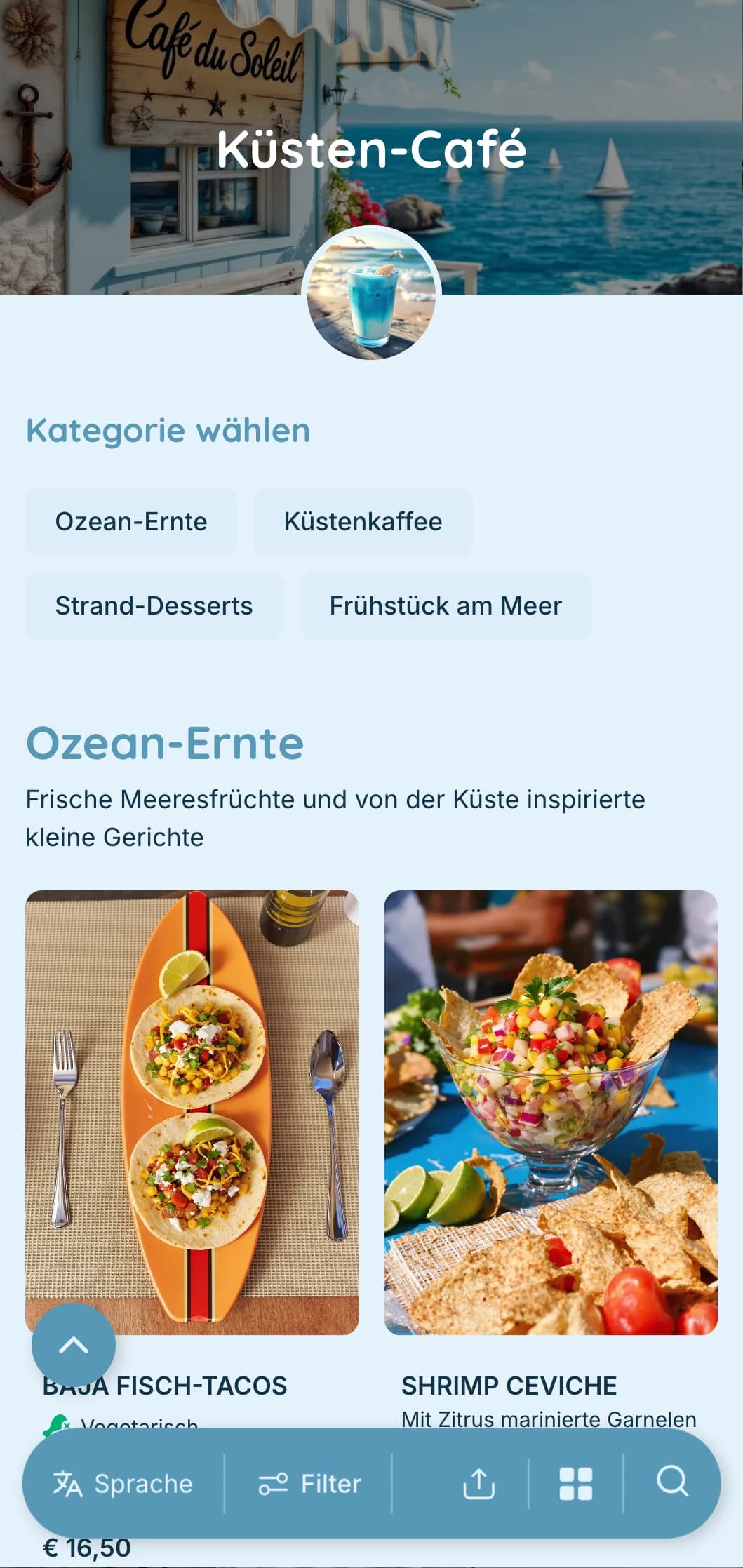 Luftiges blaues Design mit küstennahen Elementen für Cafés am Meer und Strandcafés.