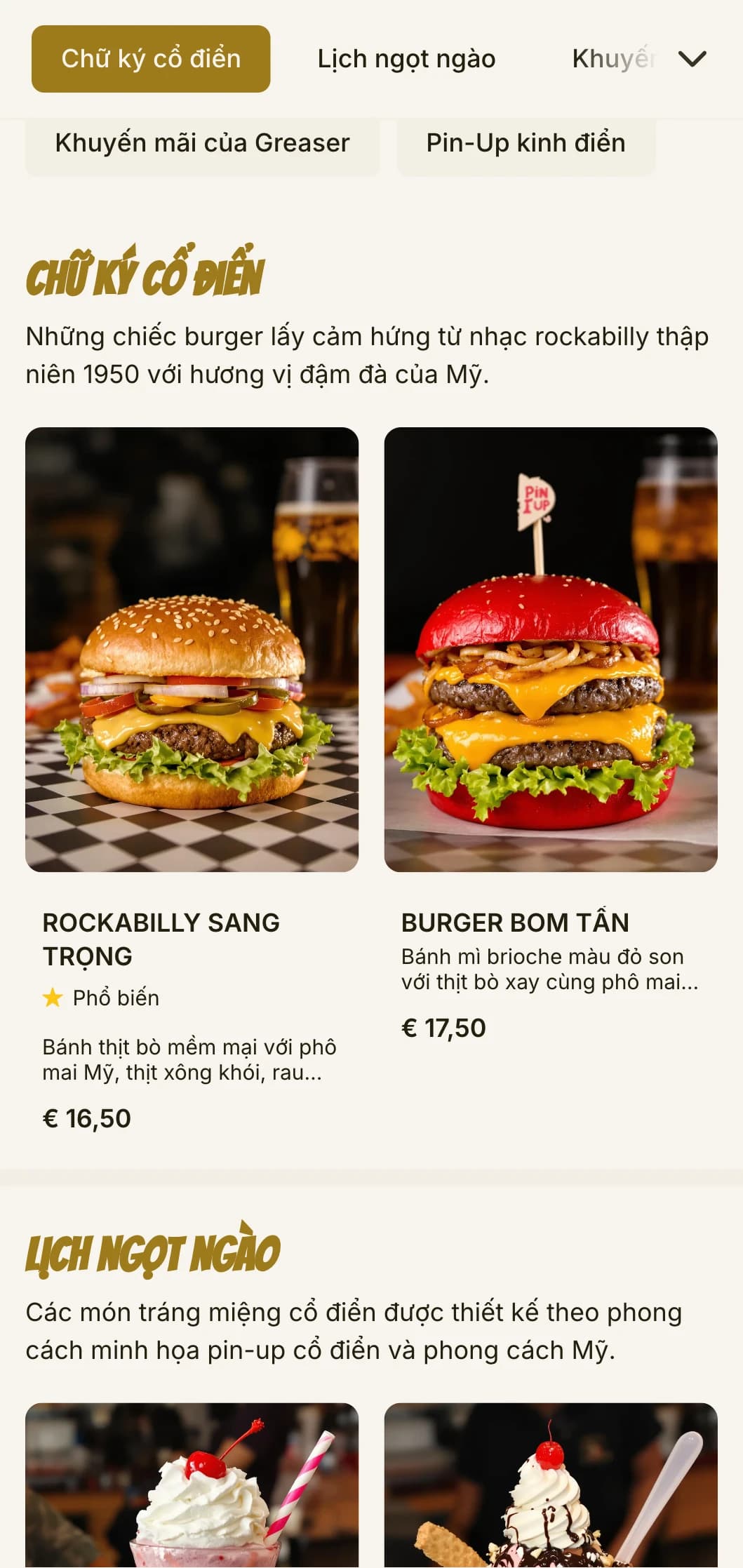 Quán burger lấy cảm hứng từ nhạc Rockabilly với nghệ thuật pin-up cổ điển và nét hoài niệm của thập niên 1950.