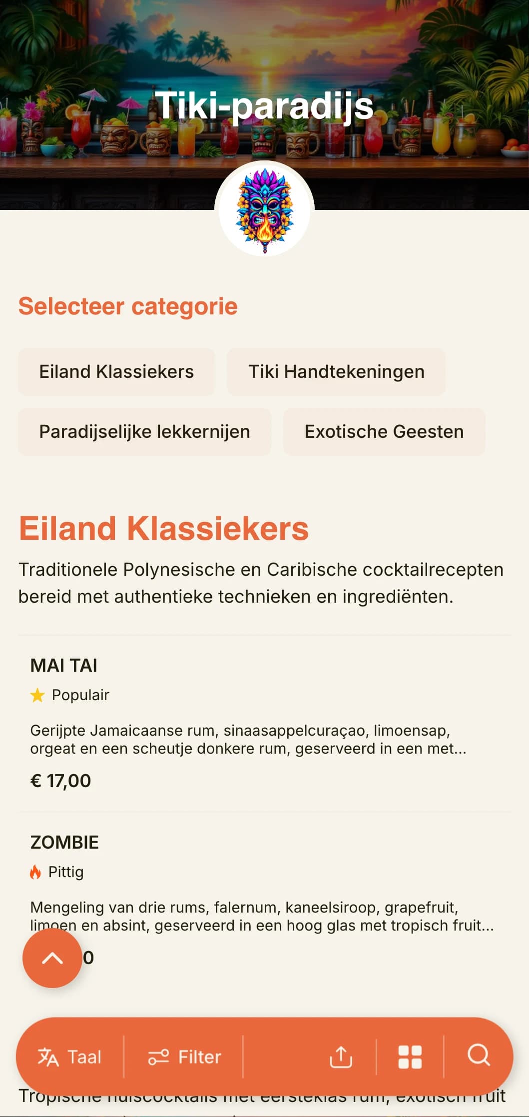 Een exotisch, levendig ontwerp voor tiki-bars en tropische cocktail lounges met speelse typografie en warme kleuren.