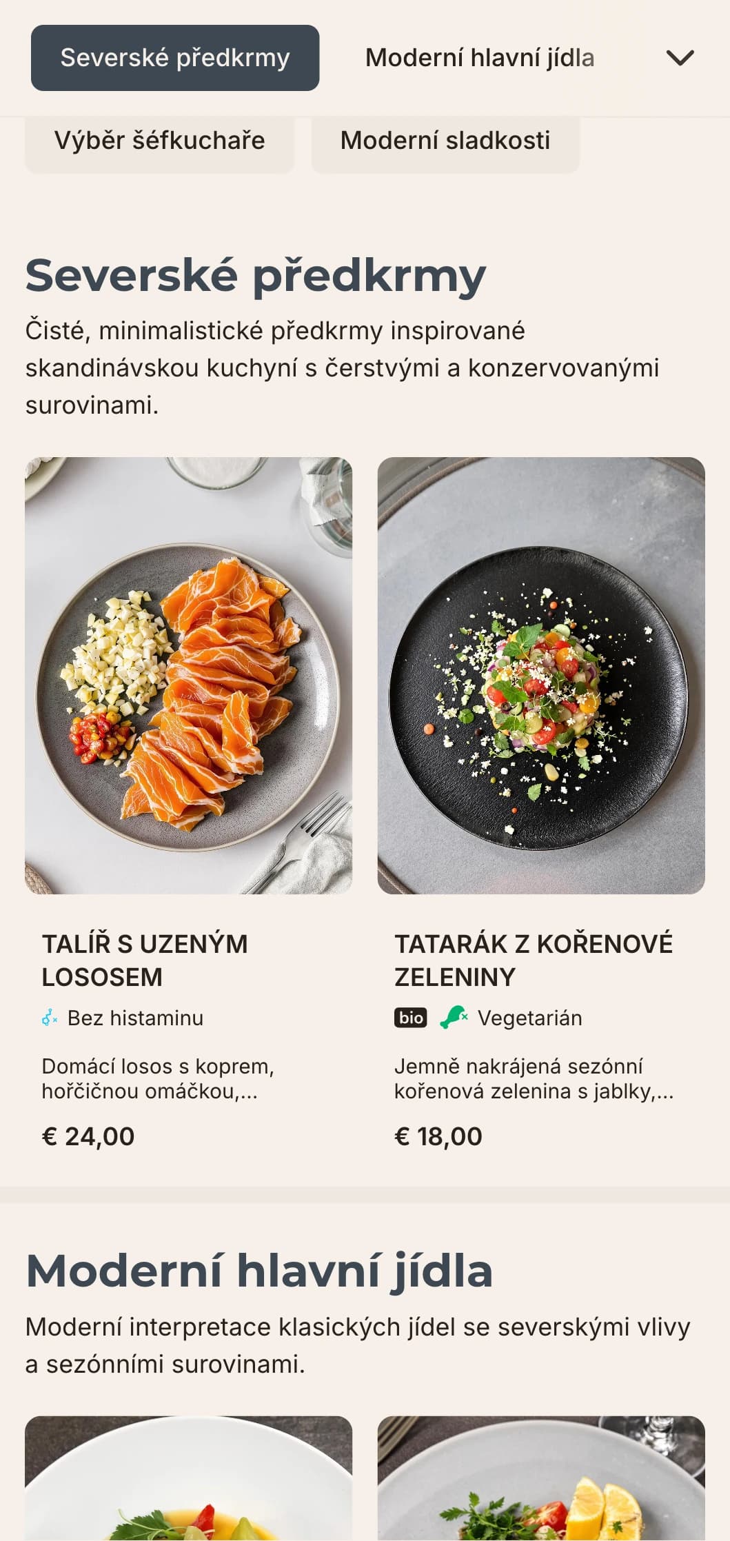 Čistý, minimalistický design jídelního lístku se skandinávskými vlivy, s velkým množstvím bílého prostoru a geometrických prvků, ideální pro moderní restaurace.