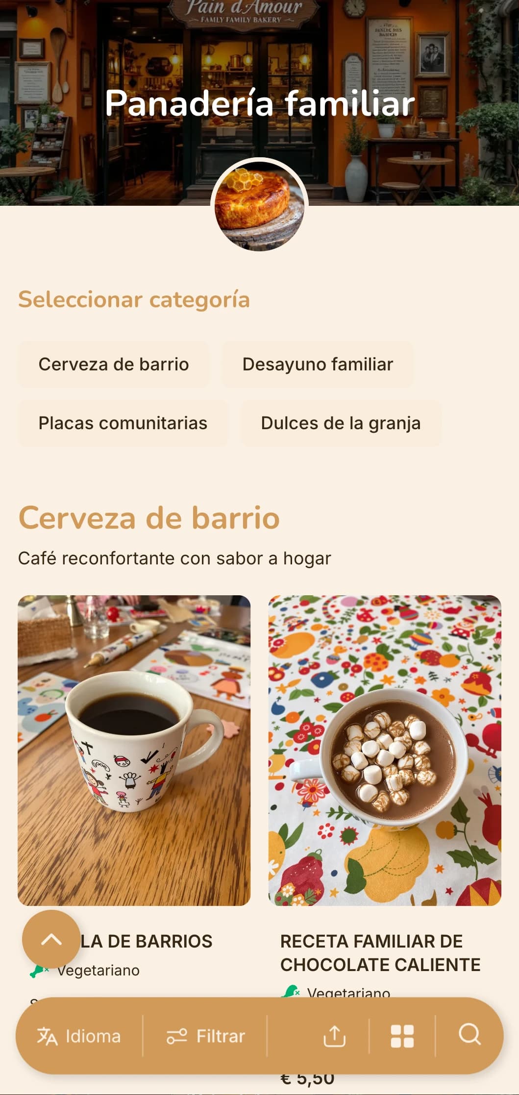 Cálido diseño naranja con elementos hogareños para panaderías familiares y cafeterías de barrio.