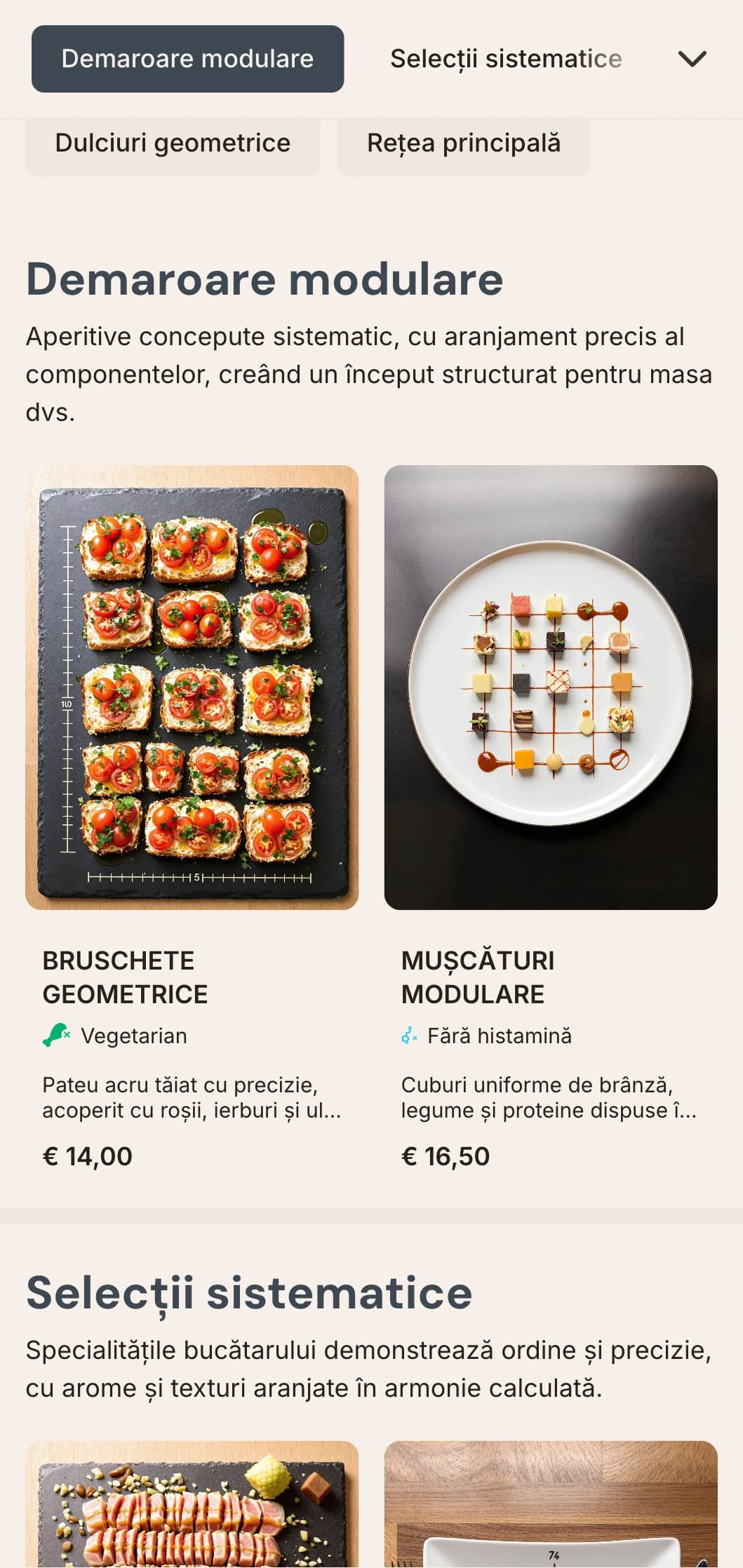 Design de meniu de prânz structurat, bazat pe grilă, cu precizie matematică și organizare curată, ideal pentru restaurantele axate pe design și restaurantele contemporane.