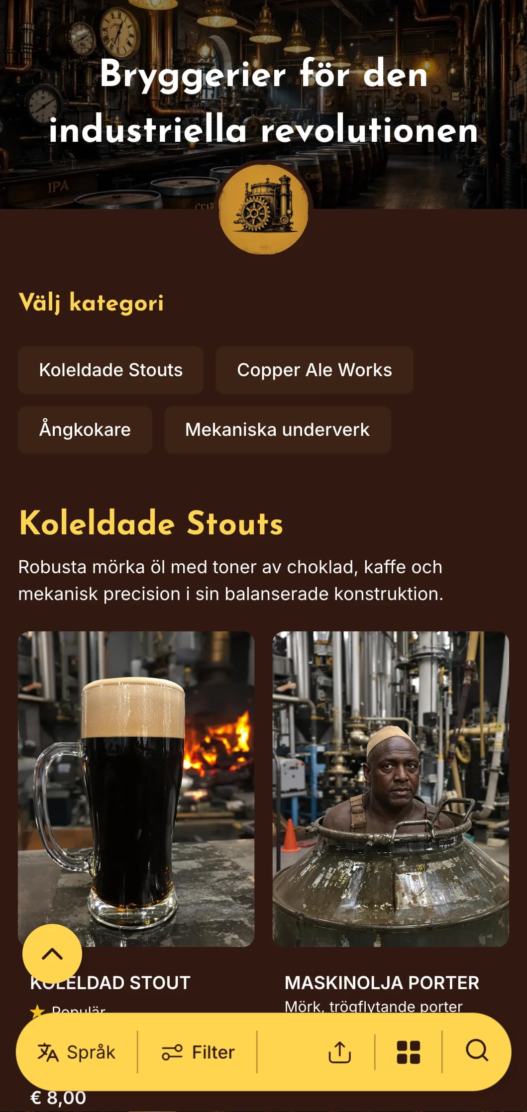 Ångdriven industriell estetik med mässingsdetaljer och mekaniska element, perfekt för bryggerier med steampunk-tema.