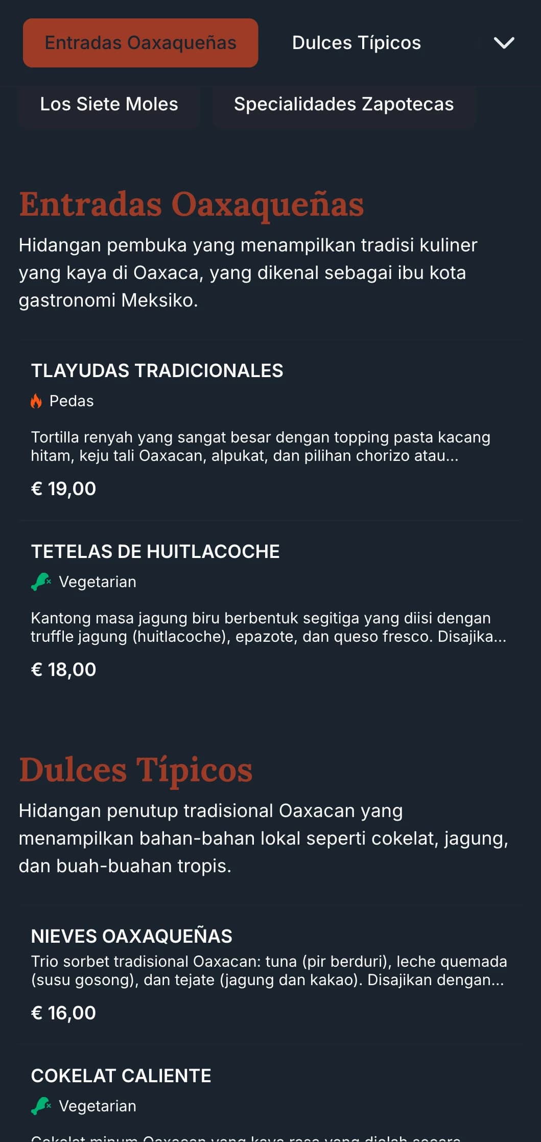 Menu yang kaya dan bersahaja merayakan tradisi kuliner Oaxaca dengan aksen terakota, pola asli, dan hidangan khas tahi lalat.