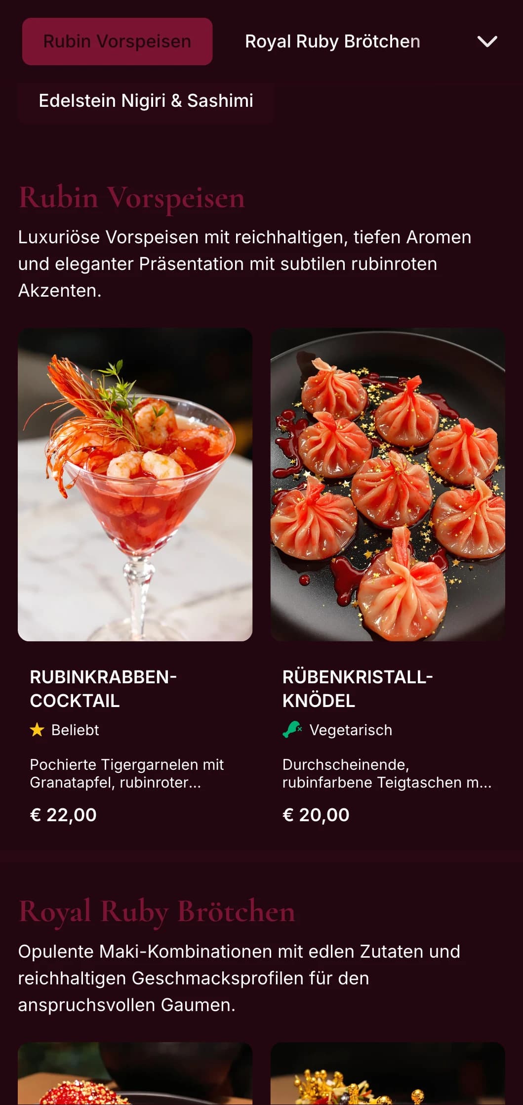 Reichhaltiges, von tiefem Rot inspiriertes Sushi-Menü mit luxuriösen Rubintönen für erstklassige asiatische Fusionsrestaurants.
