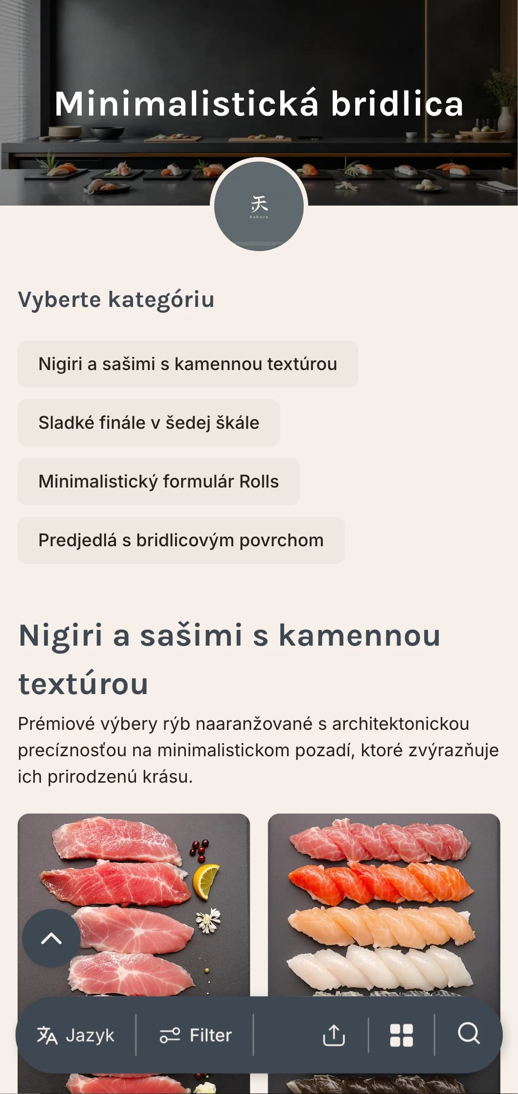 Čisté moderné menu sushi s bridlicovo sivými tónmi a minimalistickým dizajnom pre luxusné príležitostné podniky.