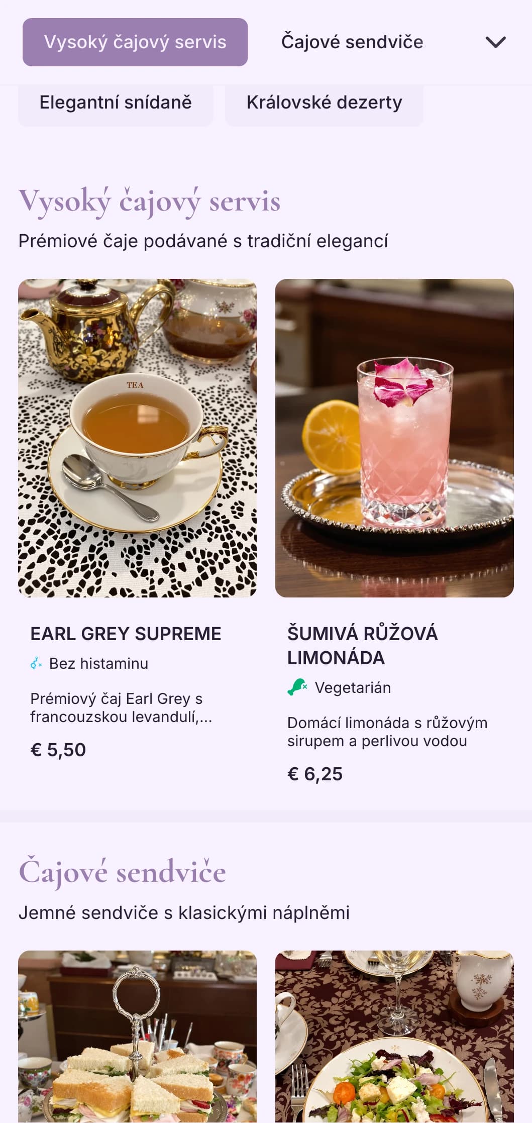 Sofistikovaný fialový design pro luxusní čajové služby a elegantní cukrárny.
