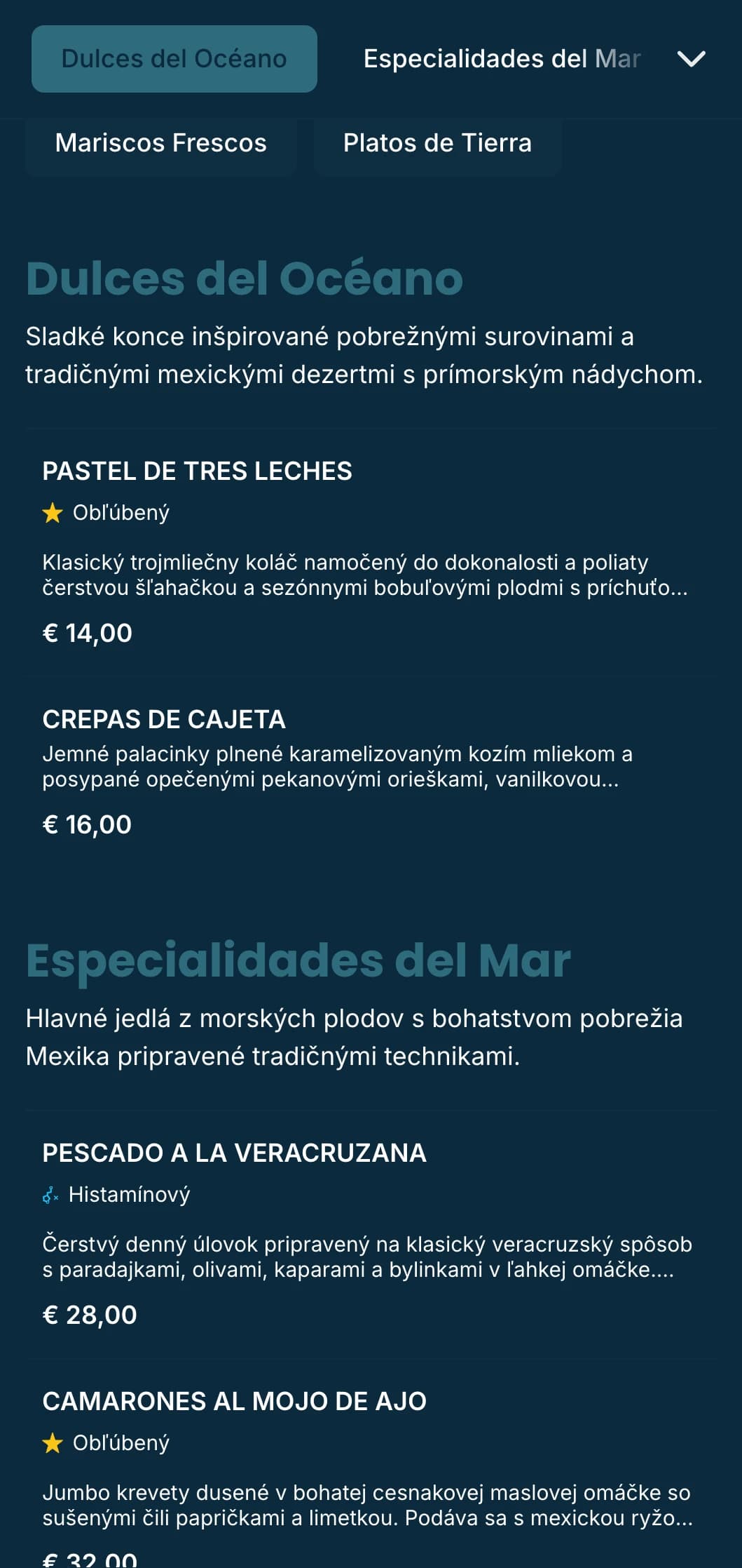 Svieže a svieže pobrežné mexické menu so špecialitami z morských plodov s azúrovo modrými akcentmi, jemnými vzormi vln a atmosférou na pláži.