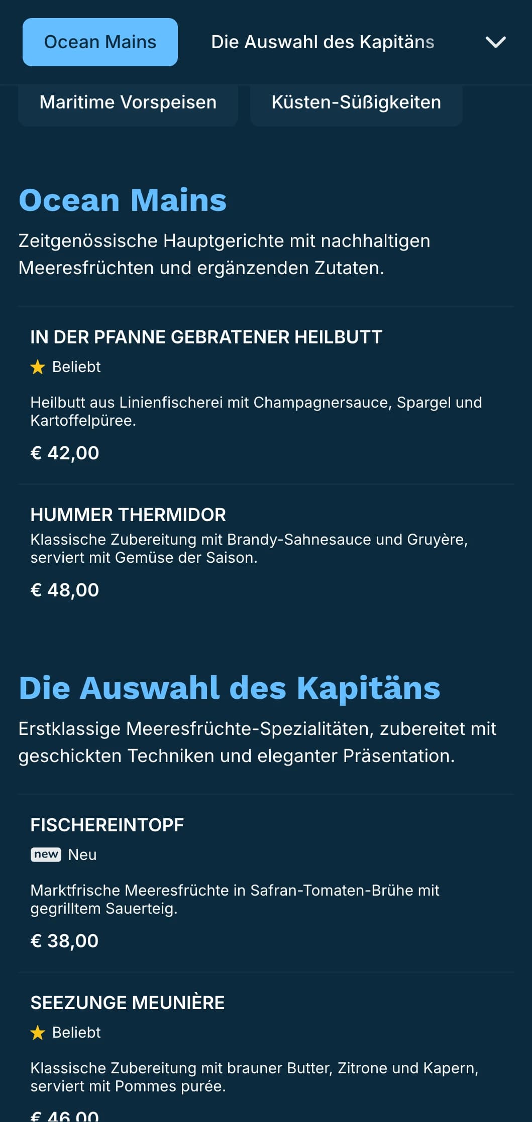Ein knackiges, in Blautönen gehaltenes Abendmenü mit maritimen Einflüssen, das sich perfekt für gehobene Fischrestaurants eignet.