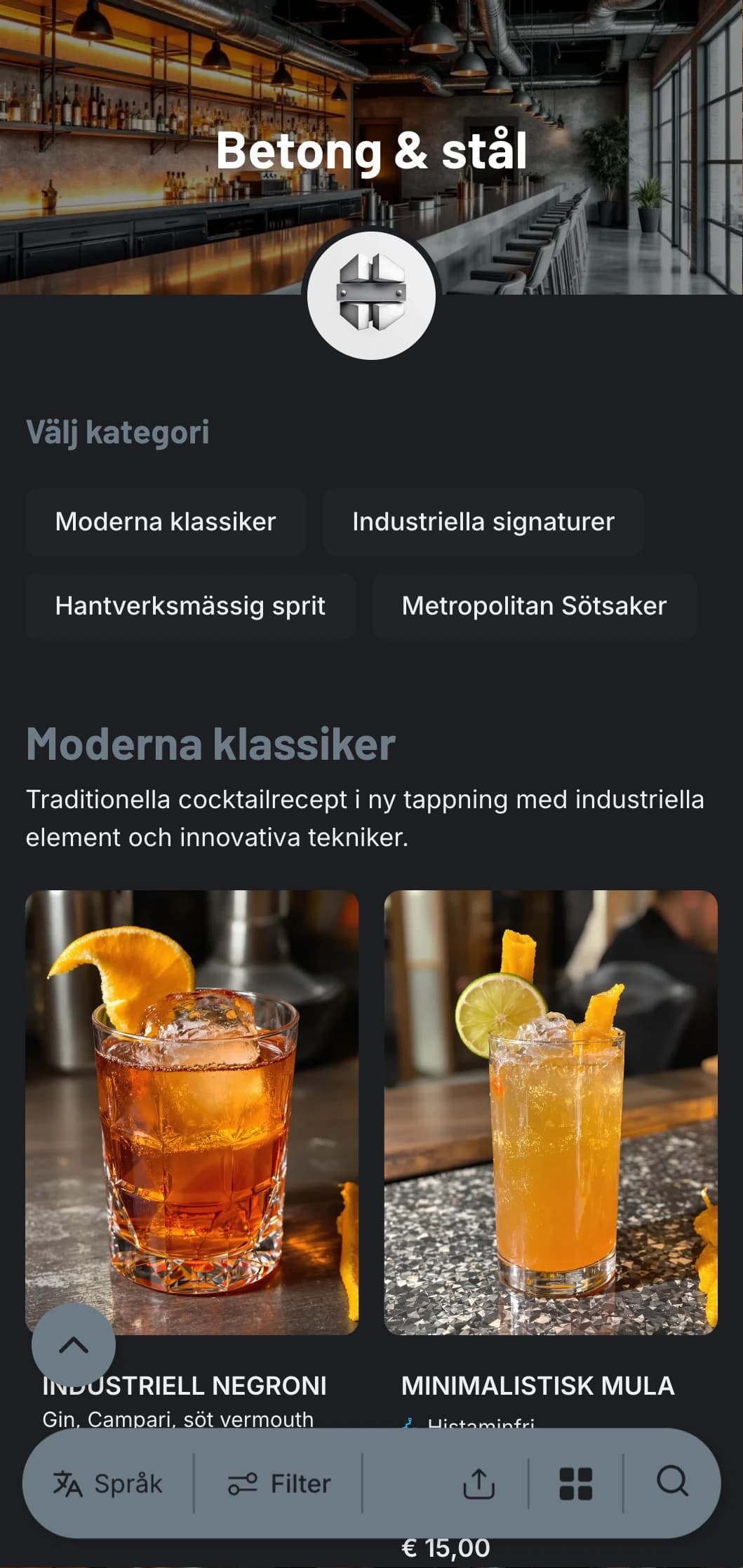 En industriell, urban design för moderna barer med betongtexturer och stålelement med ren typografi.