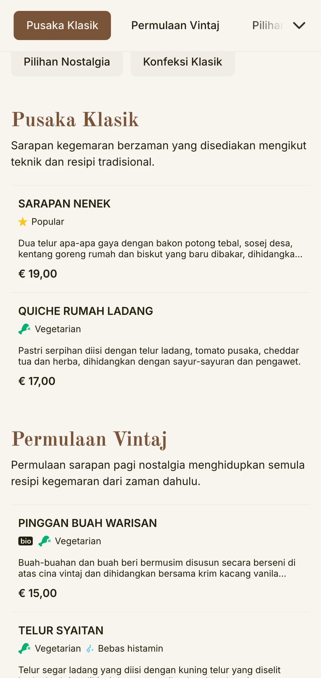 Persembahan pagi nostalgia yang diilhamkan oleh resipi kegemaran dari masa lalu, disajikan dengan keanggunan abadi.