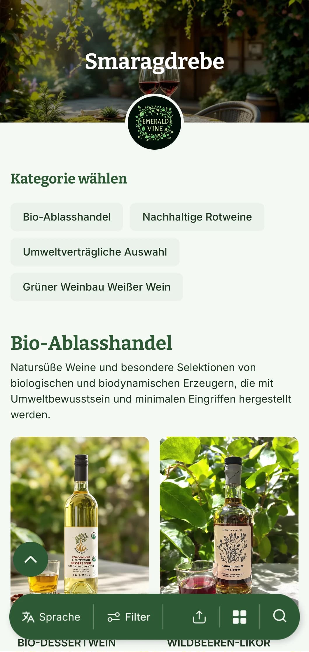 Üppige grüne Weinkartenvorlage mit botanischen Elementen und natürlichen Texturen, perfekt für biologische Weinauswahlen und Gartenrestaurants.