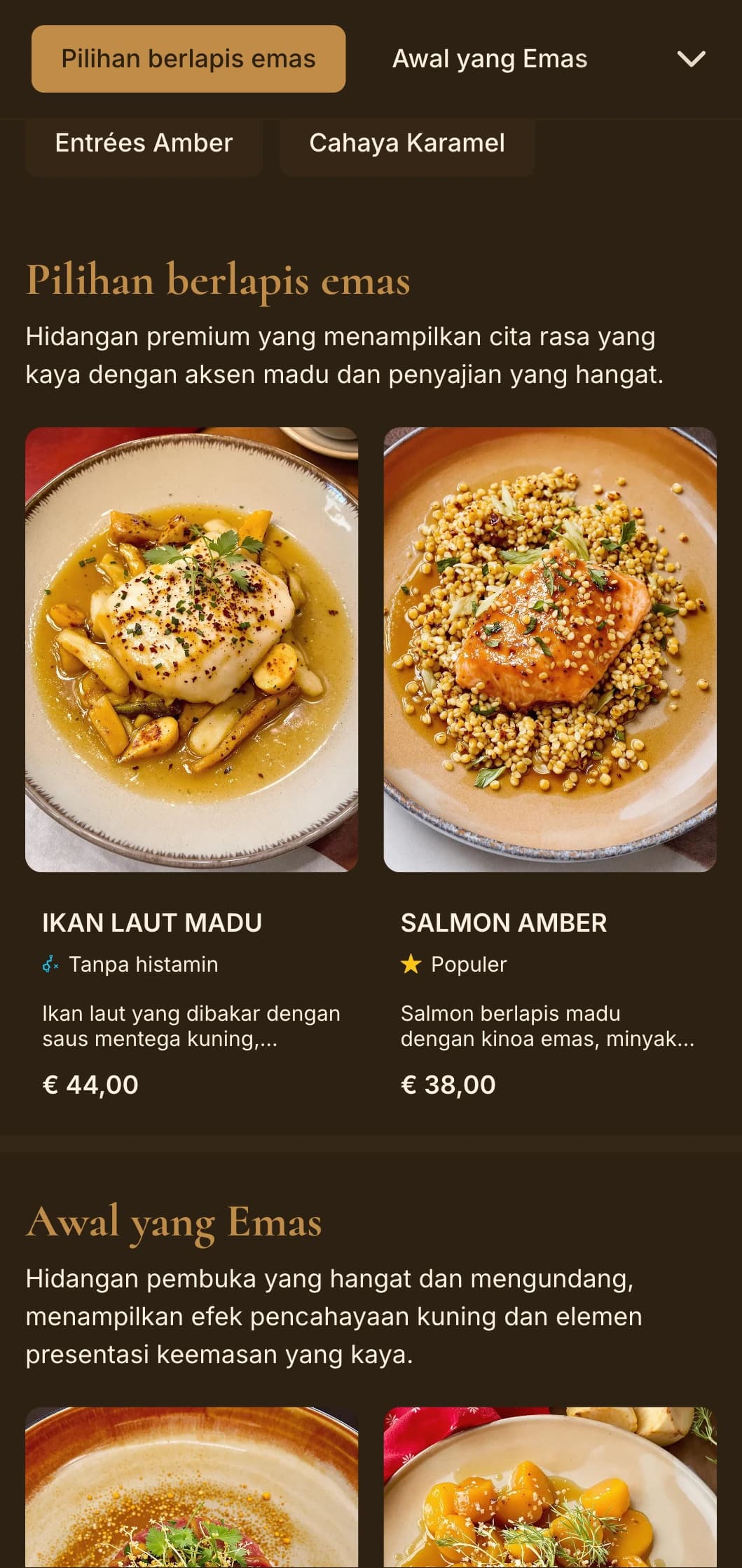Konsep bersantap yang kaya dan hangat dengan warna kuning dan pencahayaan keemasan untuk pengalaman mewah yang intim.