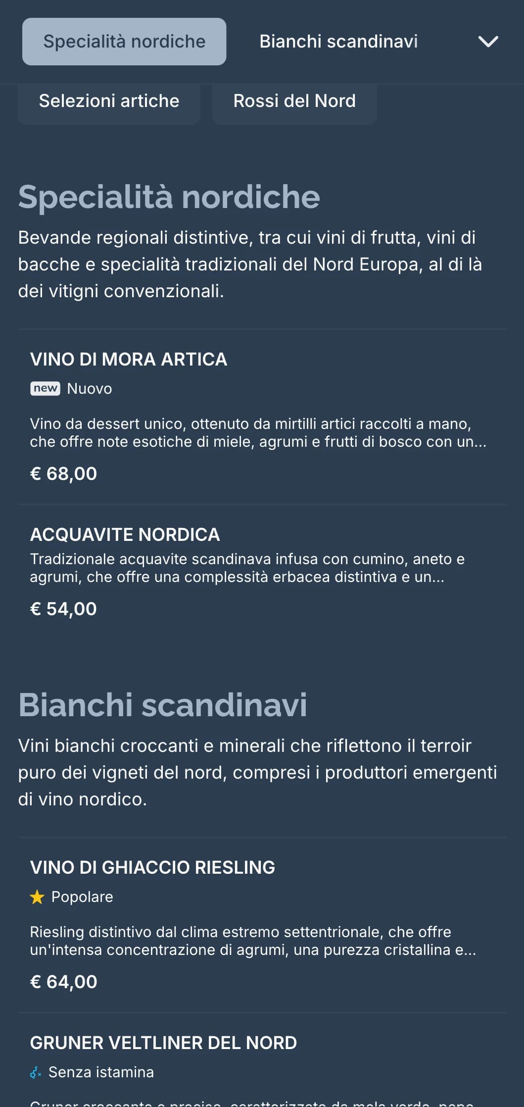 Modello di carta dei vini di ispirazione scandinava con toni blu freddi e design minimalista, ideale per ristoranti nordici contemporanei e wine bar internazionali.
