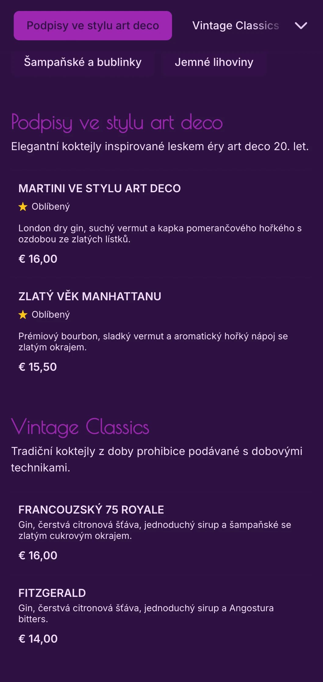 Elegantní fialový a zlatý design inspirovaný stylem art deco z 20. let 20. století pro luxusní koktejlové salónky.
