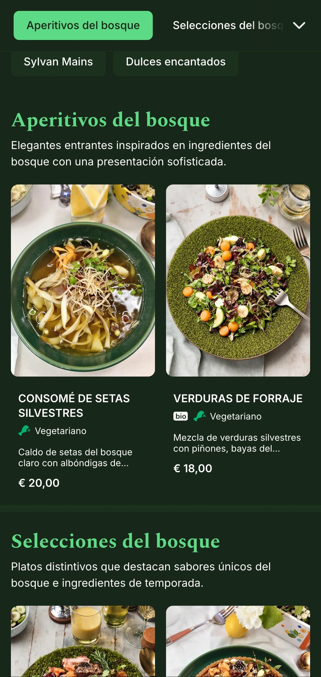 Un sofisticado menú de cena inspirado en los tonos profundos del bosque y las texturas naturales, perfecto para la cocina inspirada en el bosque.