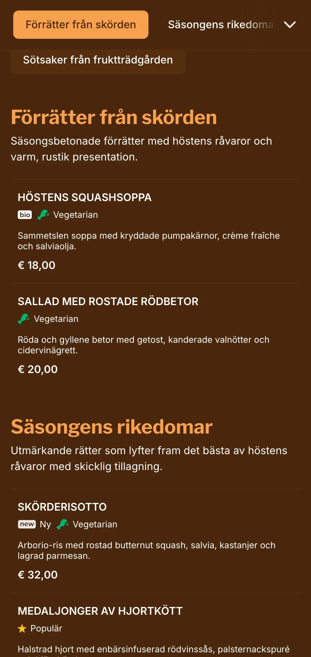 En varm, höstinspirerad middagsmeny med rika bärnstensfärgade toner, perfekt för säsongsbetonade rätter och restauranger med fokus på skörden.