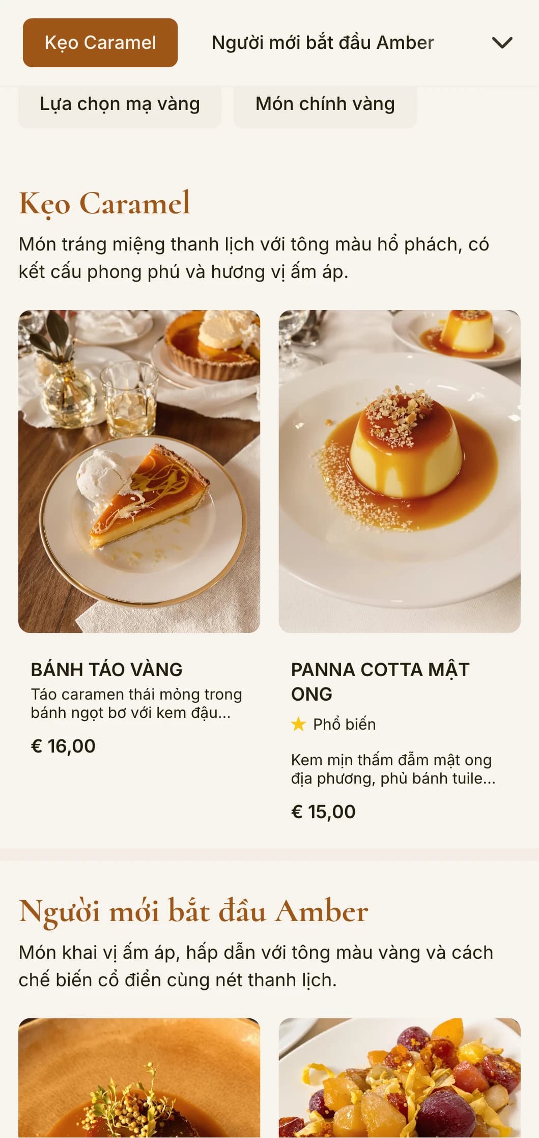 Thực đơn tối ấm áp với tông màu hổ phách cùng các yếu tố thiết kế cổ điển, hoàn hảo cho những cơ sở có không gian giờ vàng.