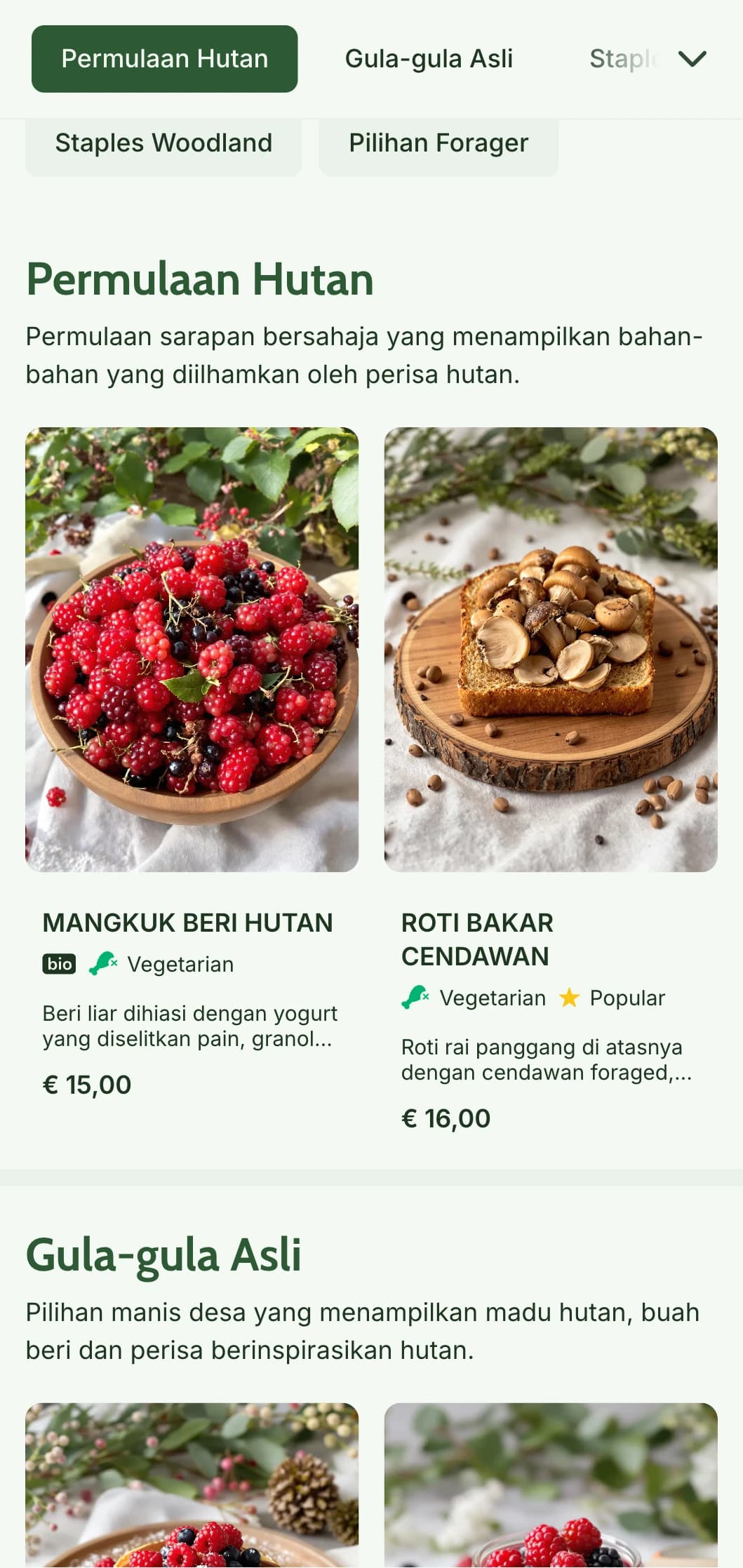 Pilihan sarapan bersahaja yang diilhamkan daripada bahan-bahan hutan dan dipersembahkan dalam gaya desa yang mesra haiwan.
