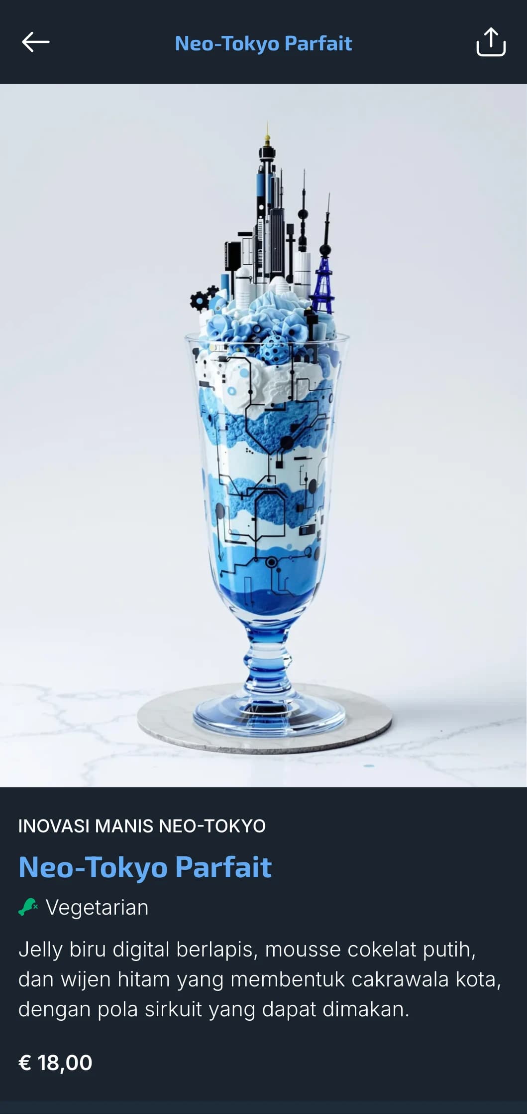 Menu sushi yang terinspirasi dari Tokyo yang futuristik dengan elemen biru digital untuk restoran perkotaan kontemporer.