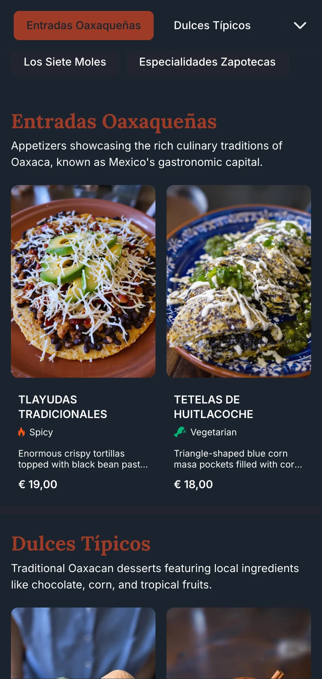 Rich and earthy menu celebrating Oaxaca's culinary traditions with terracotta accents, indigenous patterns, and specialty mole dishes.
