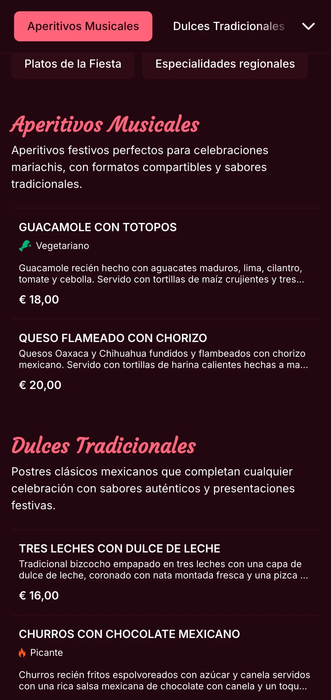 Menú mexicano alegre y musical con acentos rosa brillante, imágenes de mariachis y platos festivos perfectos para celebraciones y fiestas.