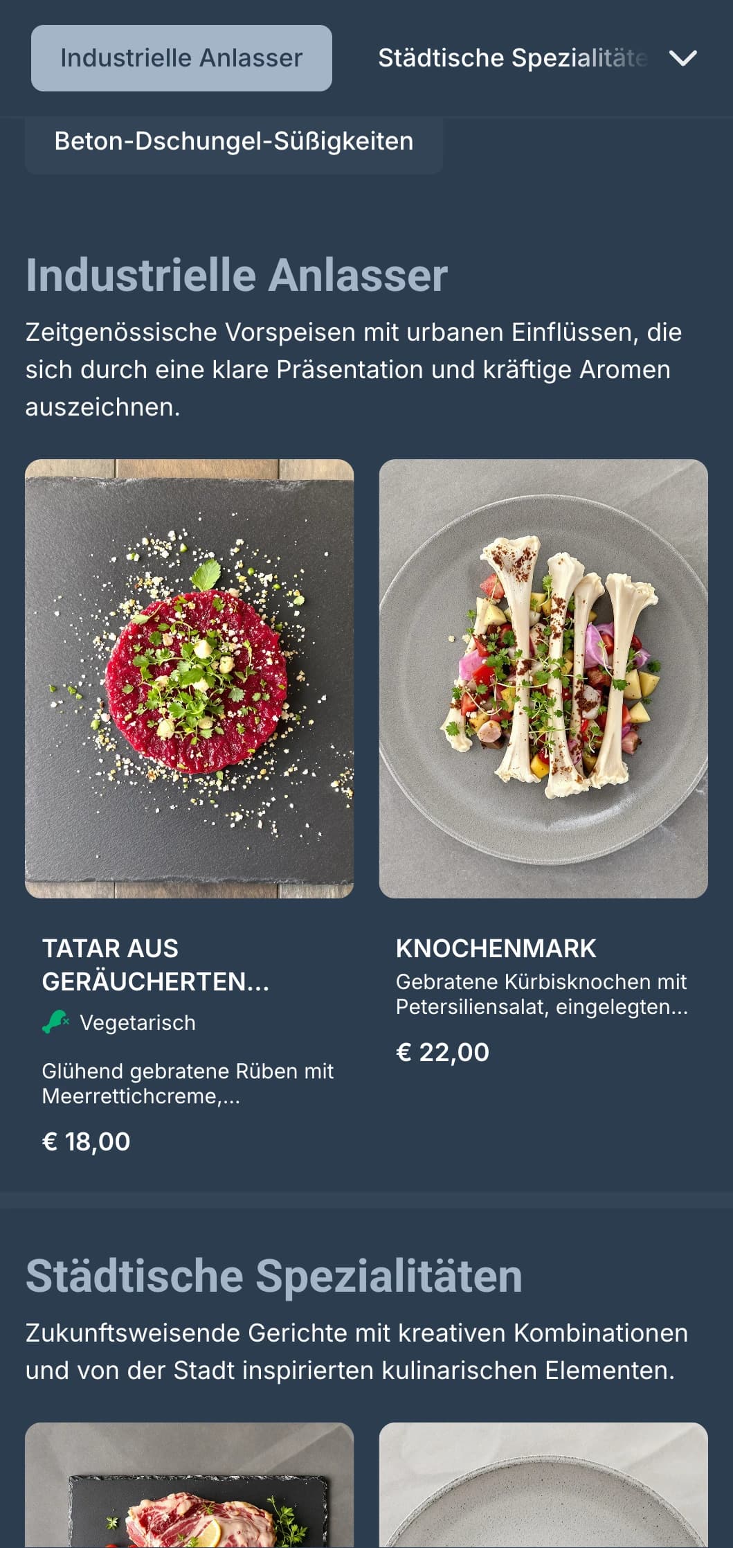 Ein zeitgemäßes Dinner-Menü mit industriellen Designelementen und urbaner Ästhetik, ideal für Stadtgastronomien.