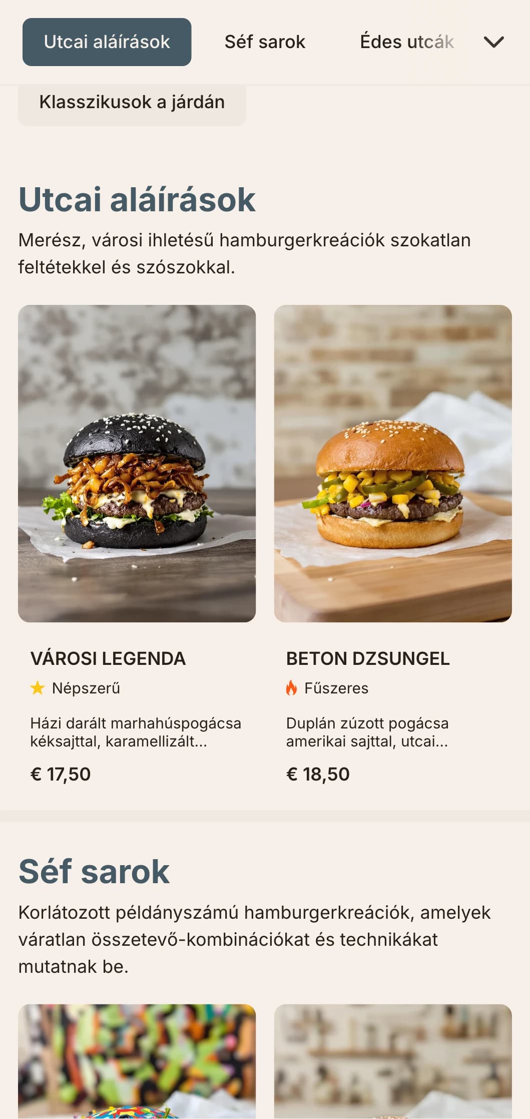 Városi street food ihlette design, erős kontrasztokkal és street art elemekkel a kortárs alkalmi burgerélményért.