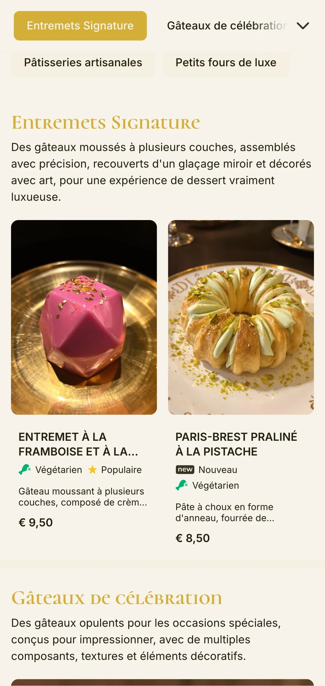 Un menu de boulangerie opulent, aux accents dorés, aux couleurs riches et à la typographie sophistiquée, idéal pour les pâtisseries haut de gamme et les boutiques de desserts de luxe.