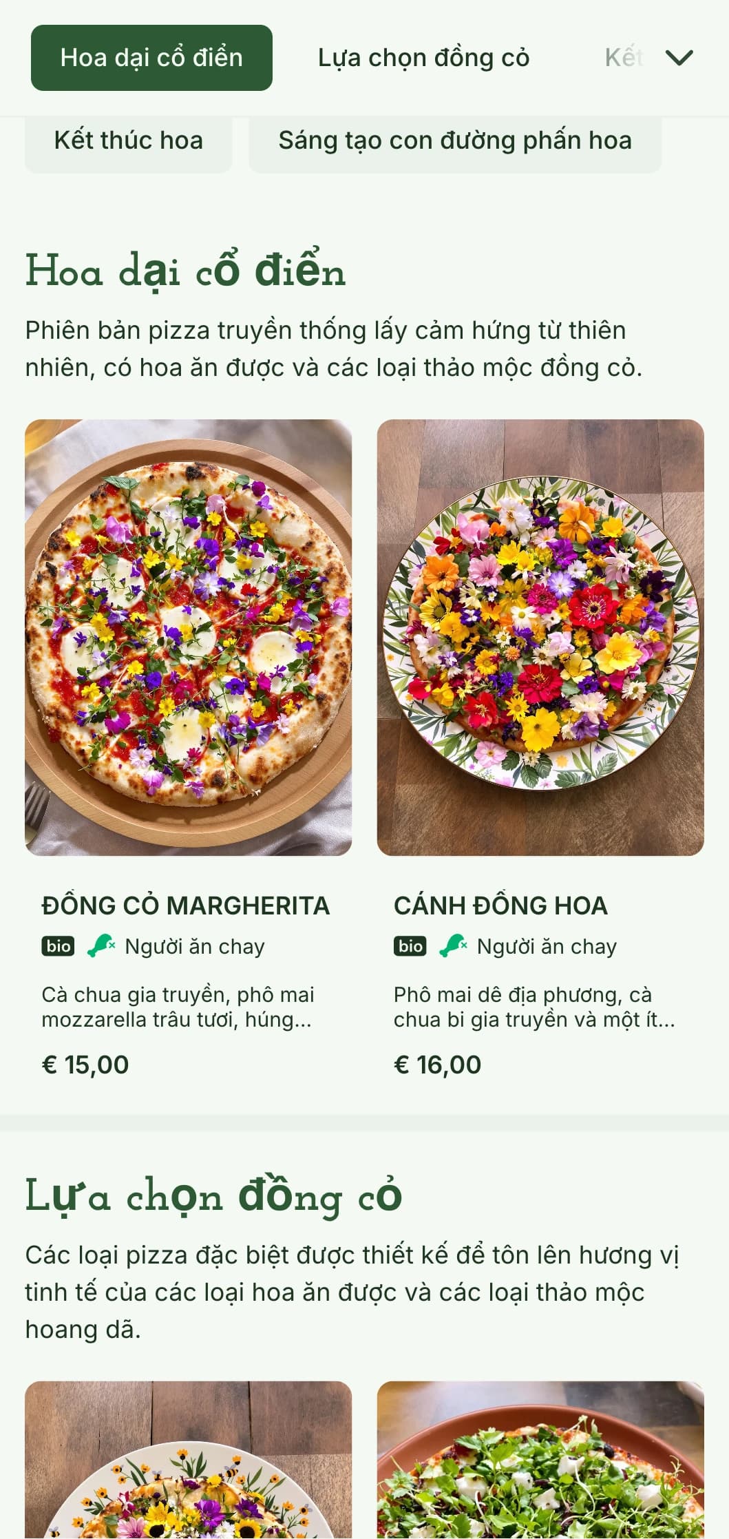 Thực đơn pizza lấy cảm hứng từ hoa dại, nhấn mạnh vào các nguyên liệu địa phương và cách trình bày tự nhiên.