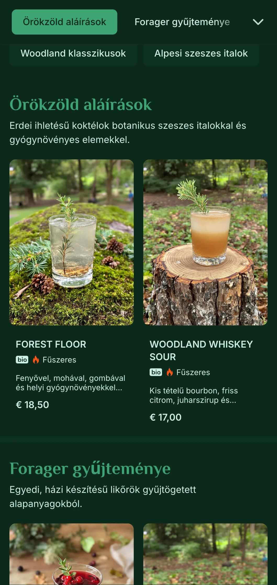 A fenyőerdők által inspirált buja zöld design a természet által befolyásolt bárok számára.