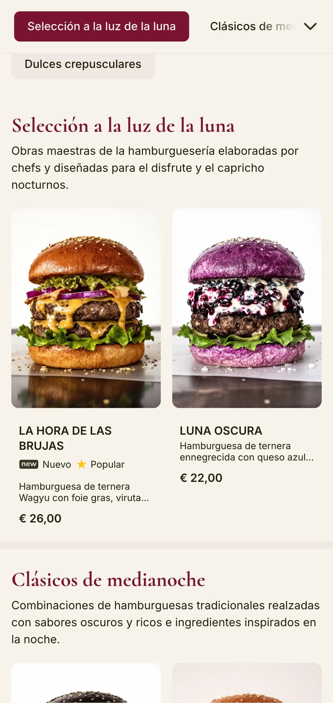 Hamburguesería nocturna de lujo con terciopelo oscuro y ambiente misterioso.
