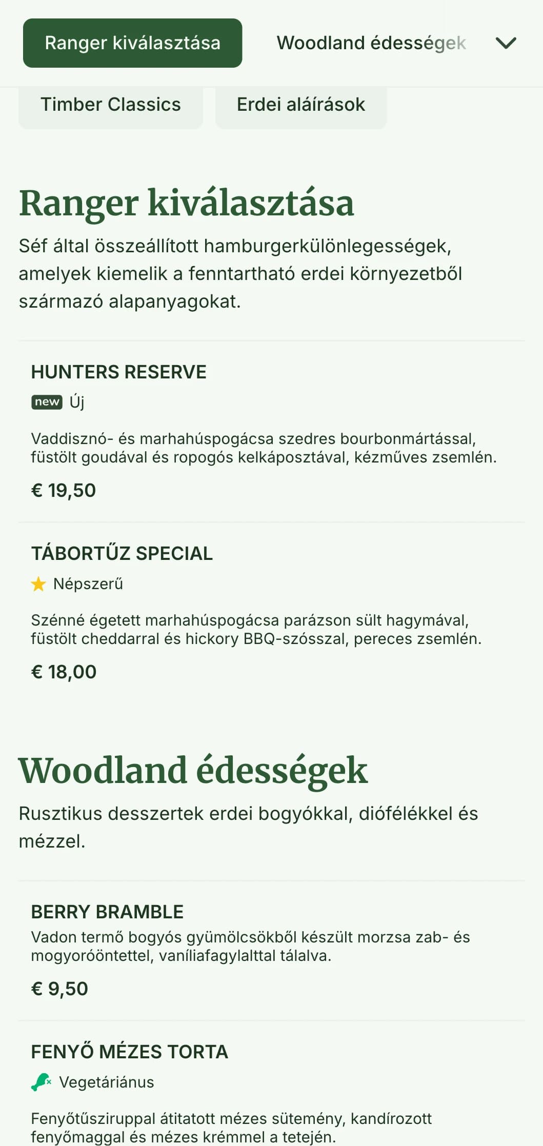 Erdei ihletésű burgerélmény fa textúrákkal és földes színpalettával.