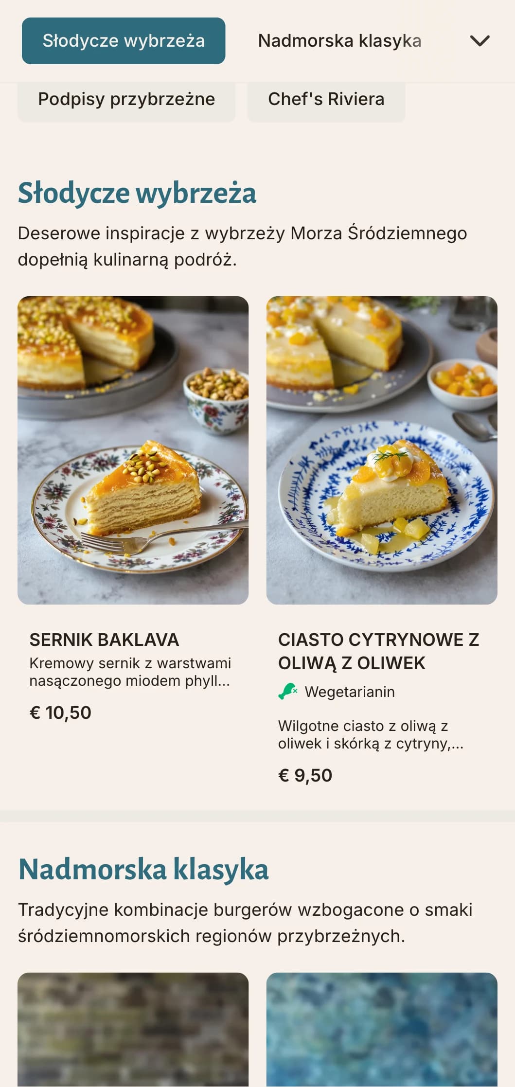 Inspirowane wybrzeżem menu burgerów ze śródziemnomorskimi niebieskimi akcentami i świeżymi składnikami.