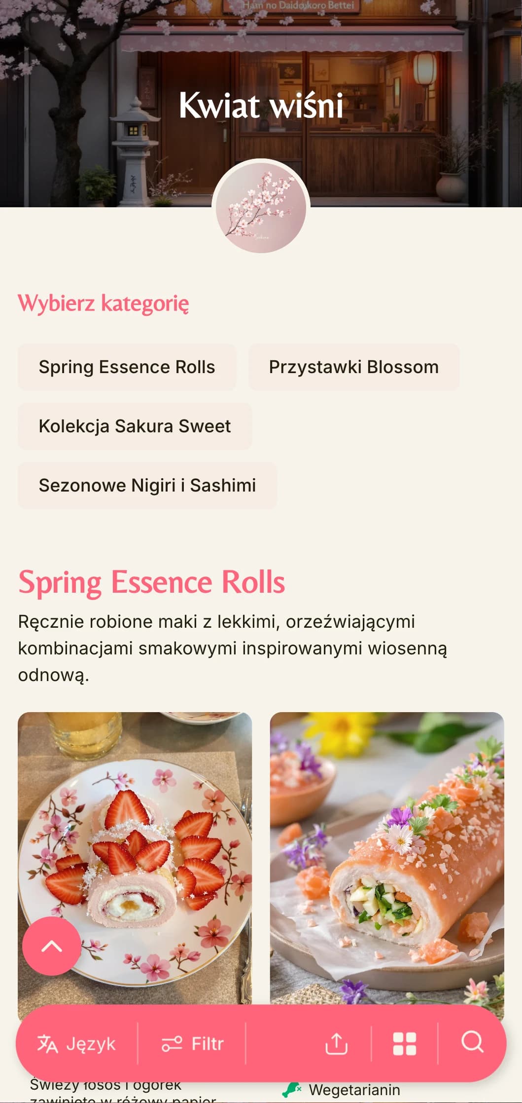 Delikatne, inspirowane wiosną menu sushi z delikatnymi różowymi akcentami kwiatu wiśni na ciepłym kremowym tle.