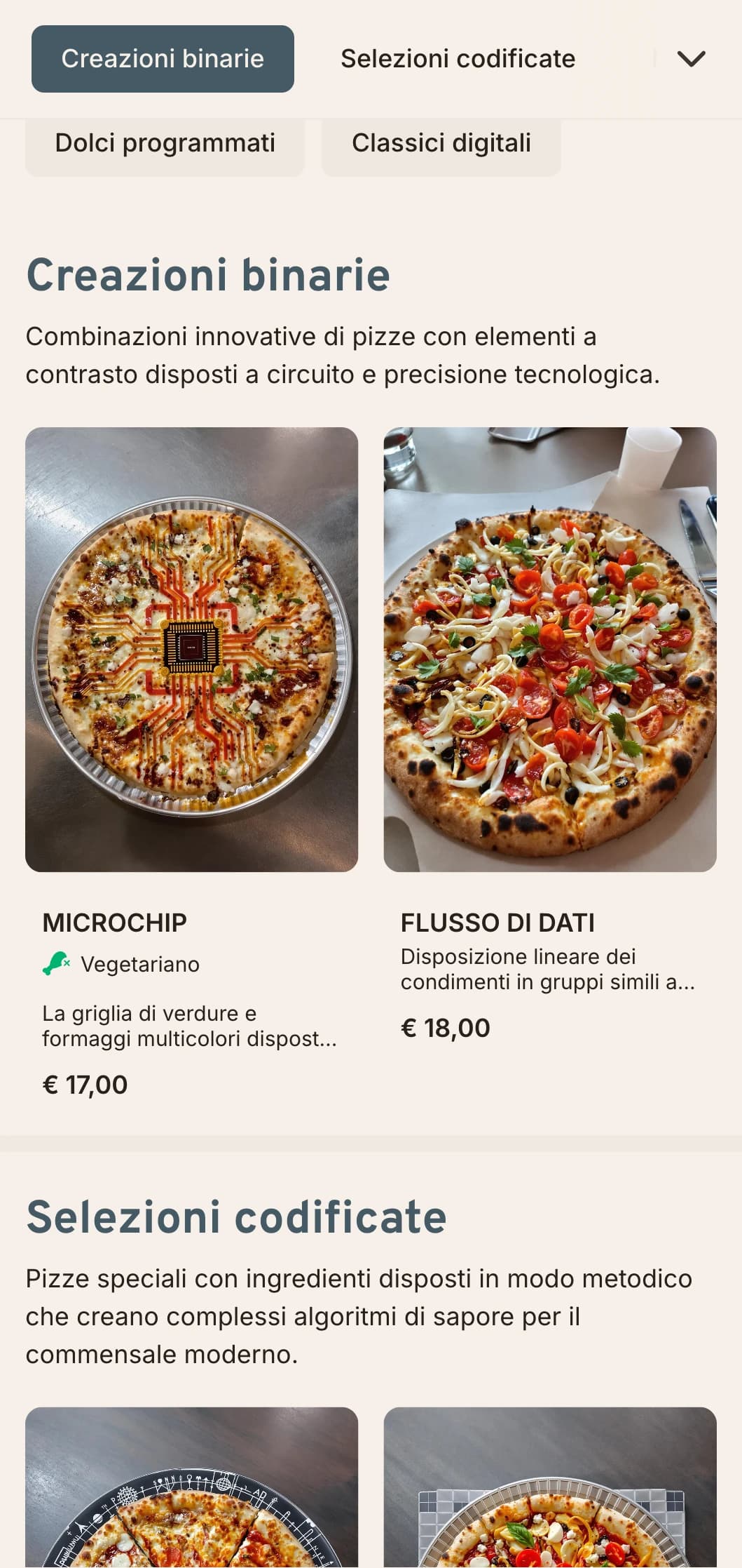 Menu di pizza di ispirazione tecnologica con estetica a circuito stampato per locali contemporanei.