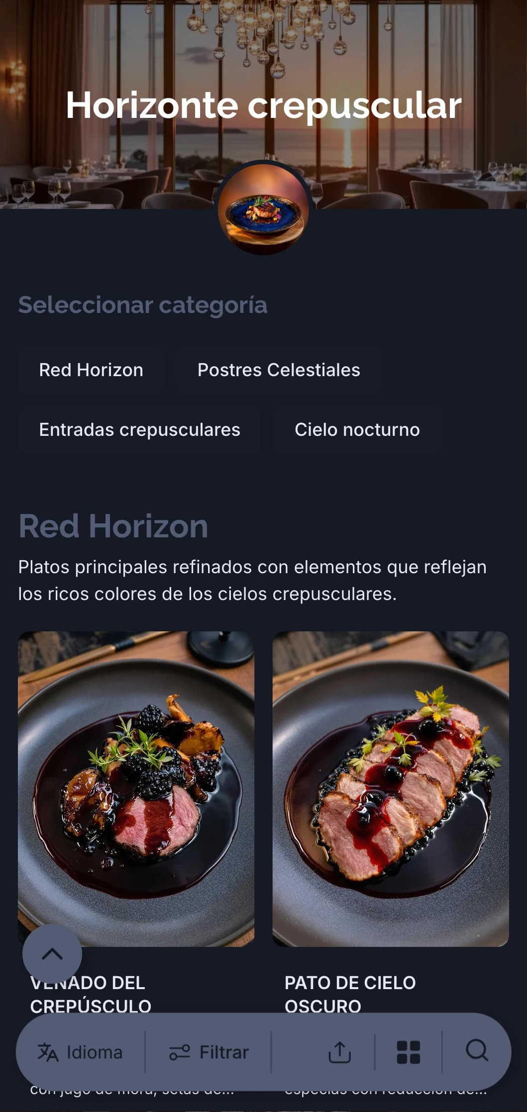 Refinado concepto de cena inspirado en los sofisticados colores del crepúsculo.