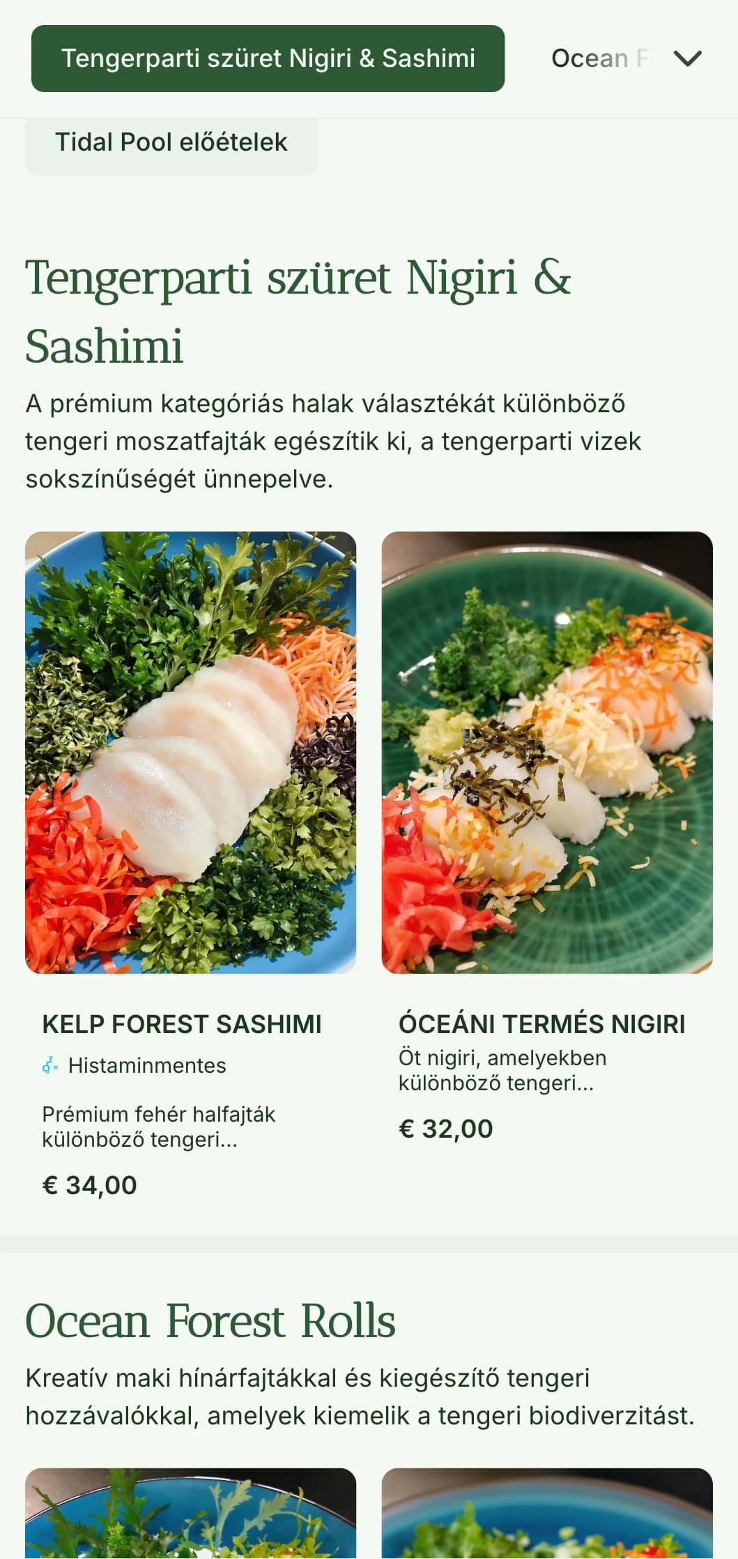 Friss, óceán ihlette sushi menü, mély hínár zöld tónusokkal az autentikus tengeri herkentyűs éttermek számára.