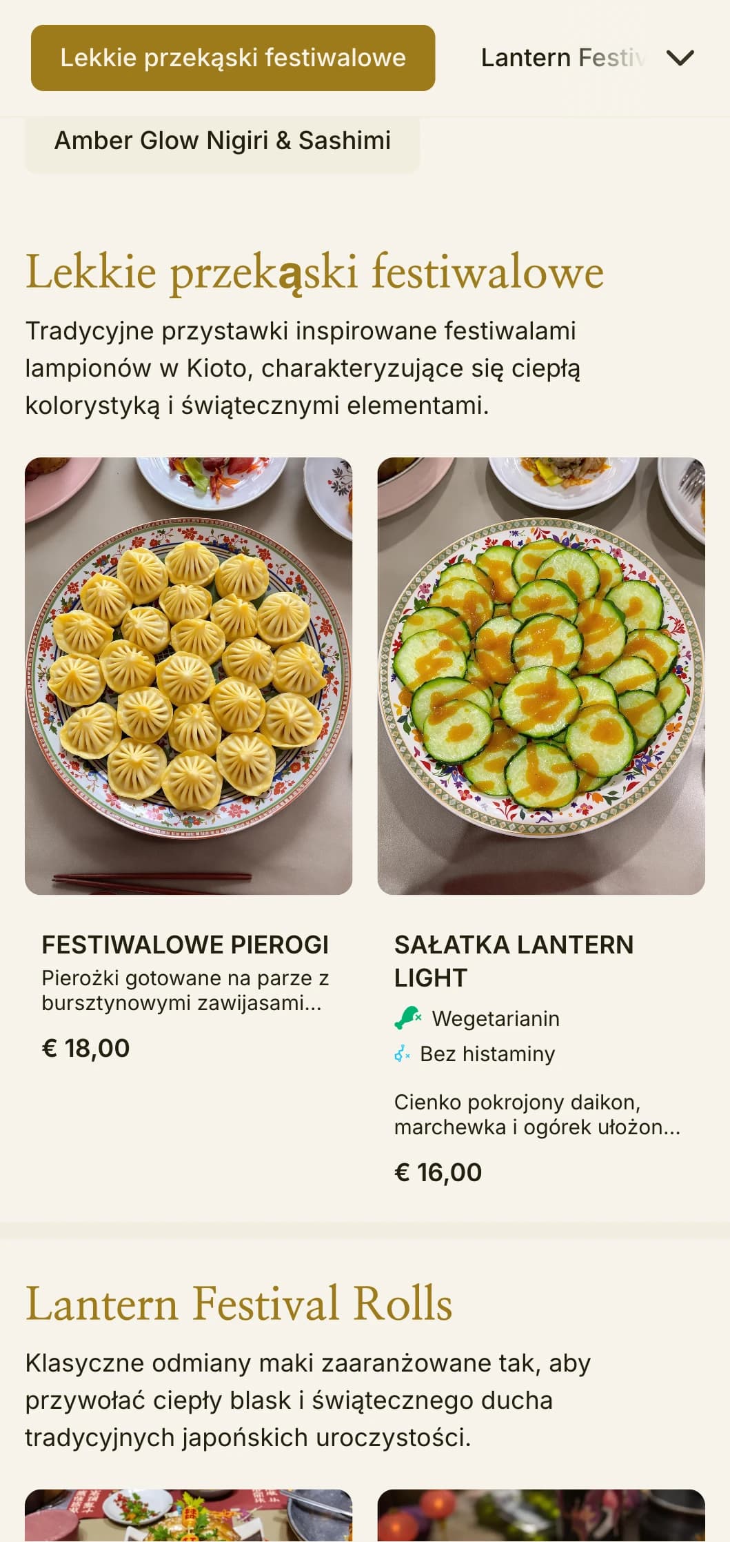 Tradycyjne menu sushi inspirowane lampionami w ciepłych bursztynowych odcieniach zapewnia autentyczną japońską atmosferę.