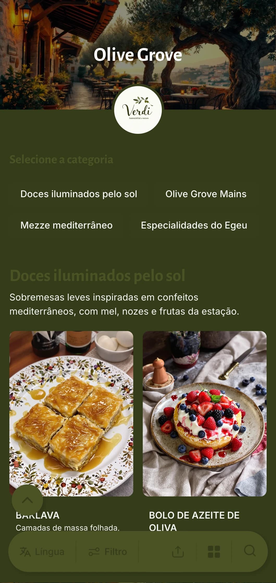 Um menu de jantar de inspiração mediterrânea com tons de verde oliva e elementos rústicos, perfeito para a culinária grega ou mediterrânea.