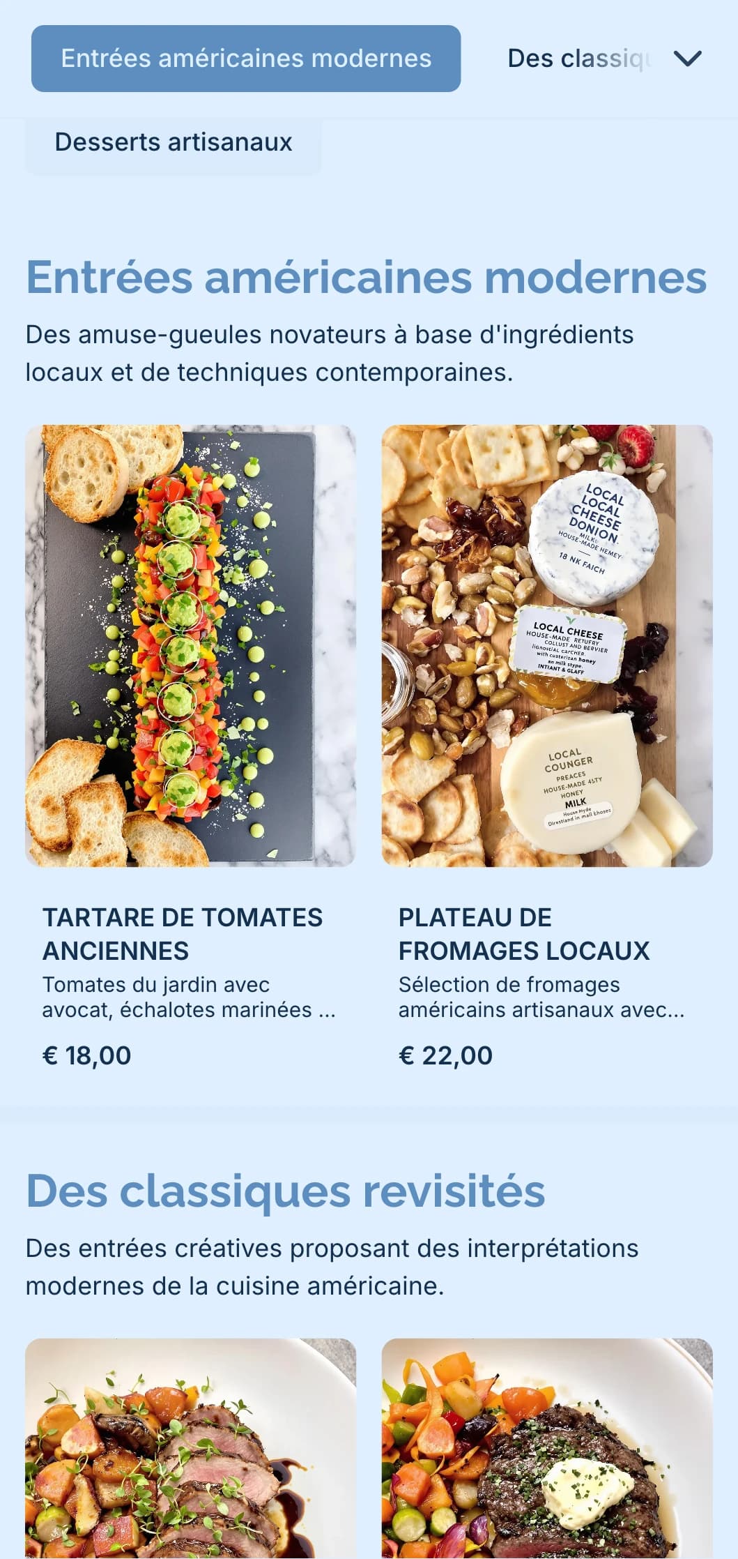 Traiteur moderne d'inspiration américaine utilisant des ingrédients locaux, des techniques innovantes et une présentation contemporaine pour des événements sophistiqués.
