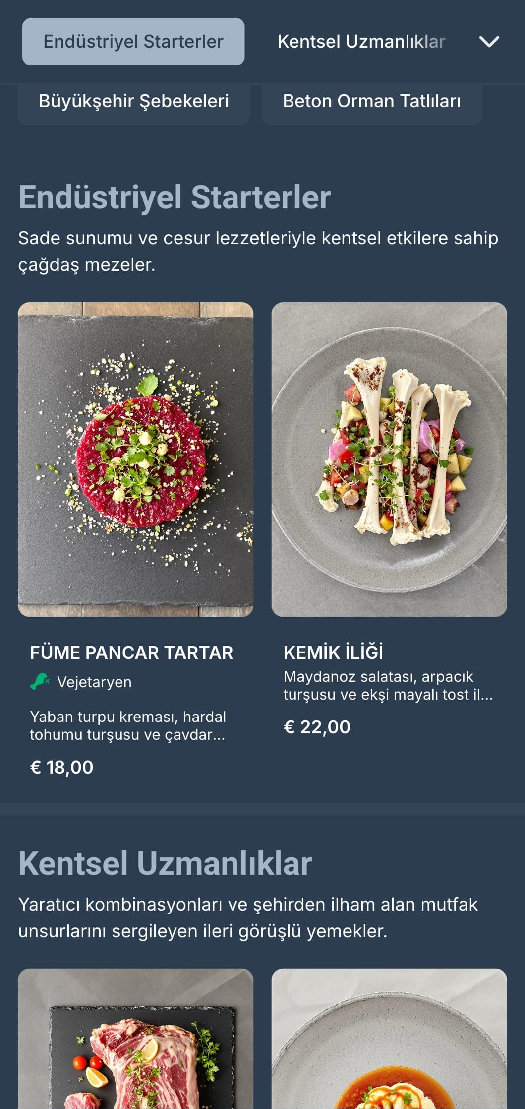 Endüstriyel tasarım öğeleri ve şehir estetiği içeren çağdaş bir akşam yemeği menüsü, şehir gastropubları için ideal.