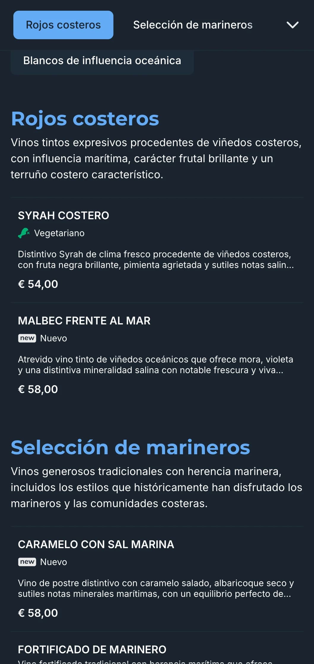 Plantilla de carta de vinos oscura de inspiración mediterránea con vibrantes acentos azules, perfecta para restaurantes costeros nocturnos y experiencias enológicas junto al mar.