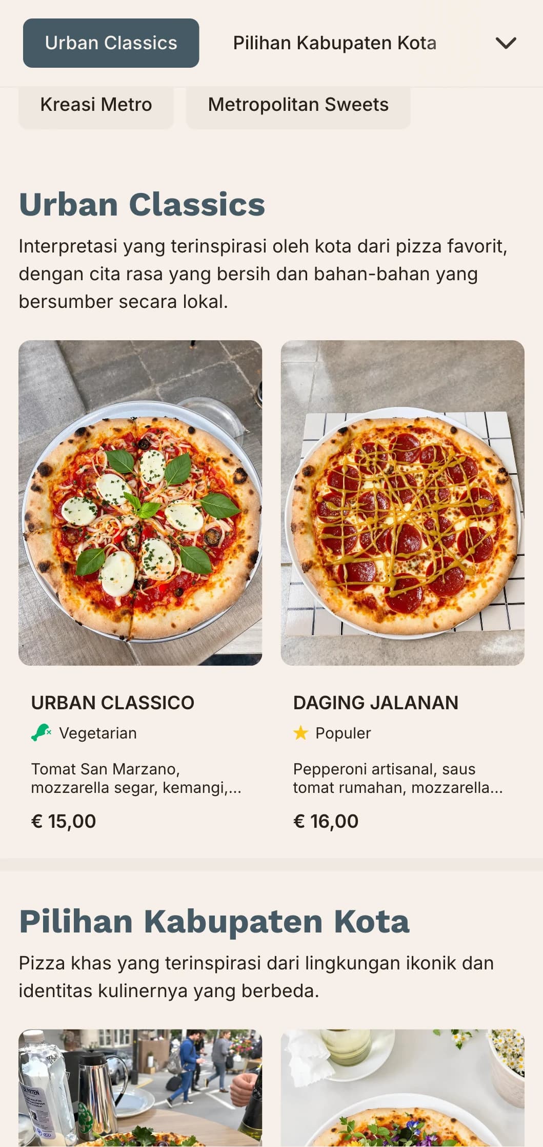 Menu pizza metropolitan perkotaan dengan garis-garis bersih dan desain kontemporer untuk tempat di kota.
