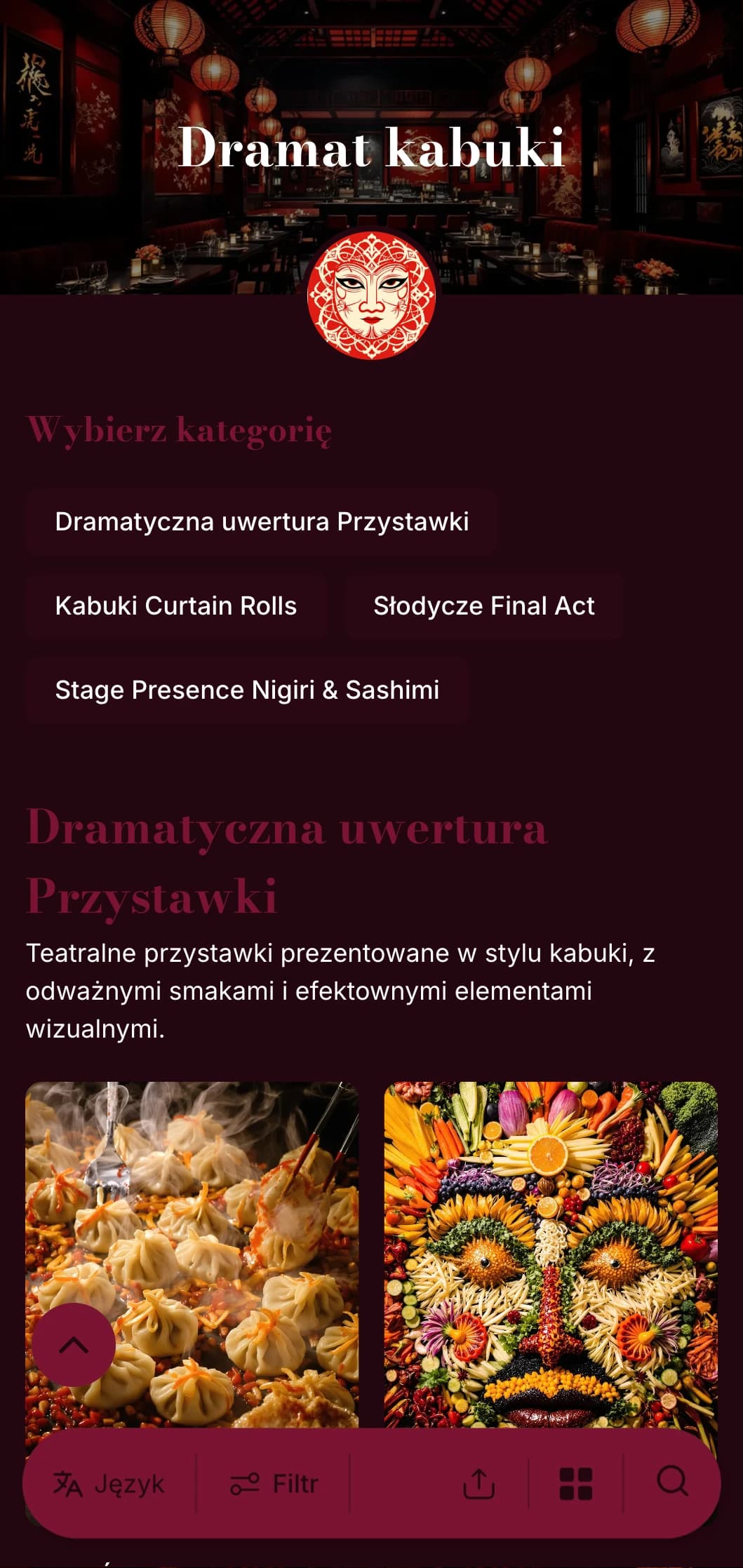 Teatralne menu sushi inspirowane tradycyjnym Kabuki, z dramatycznymi kontrastami czerwieni i czerni.