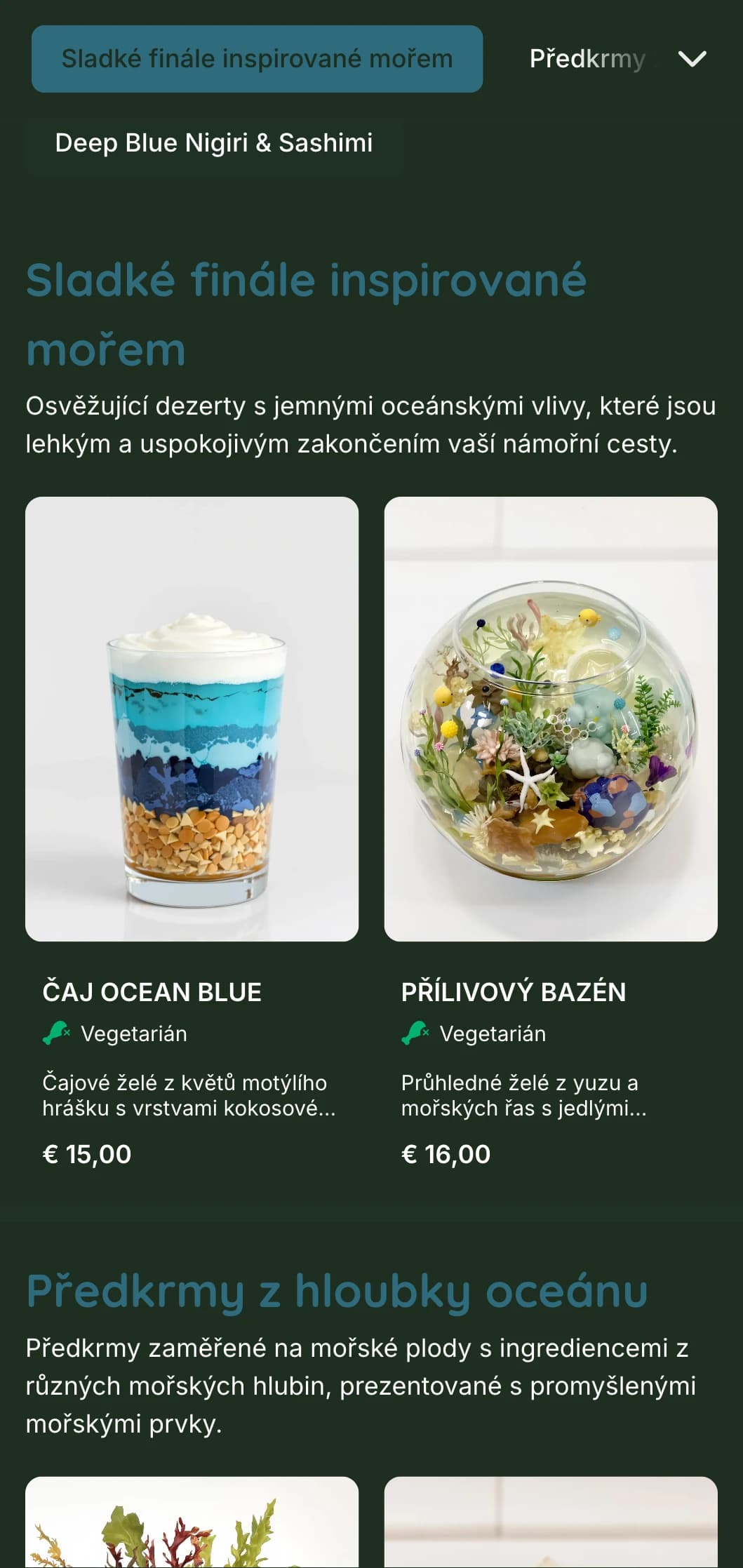 Klidné tmavě modré sushi menu inspirované hlubinami oceánu s mořskými prvky a důrazem na čerstvé mořské plody.