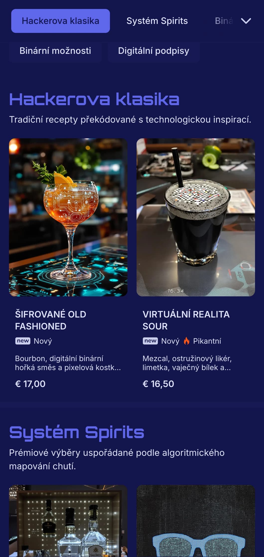 Futuristický modročerný design s digitálními prvky pro nejmodernější bary.