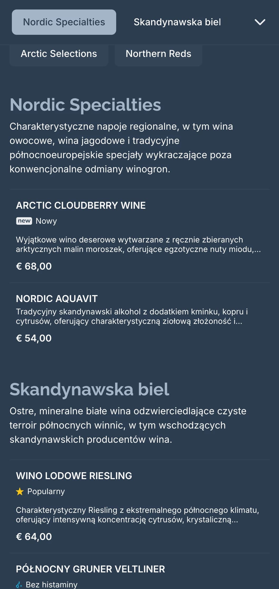 Inspirowany Skandynawią szablon karty win z chłodnymi niebieskimi odcieniami i minimalistycznym designem, idealny dla współczesnych skandynawskich restauracji i międzynarodowych winiarni.